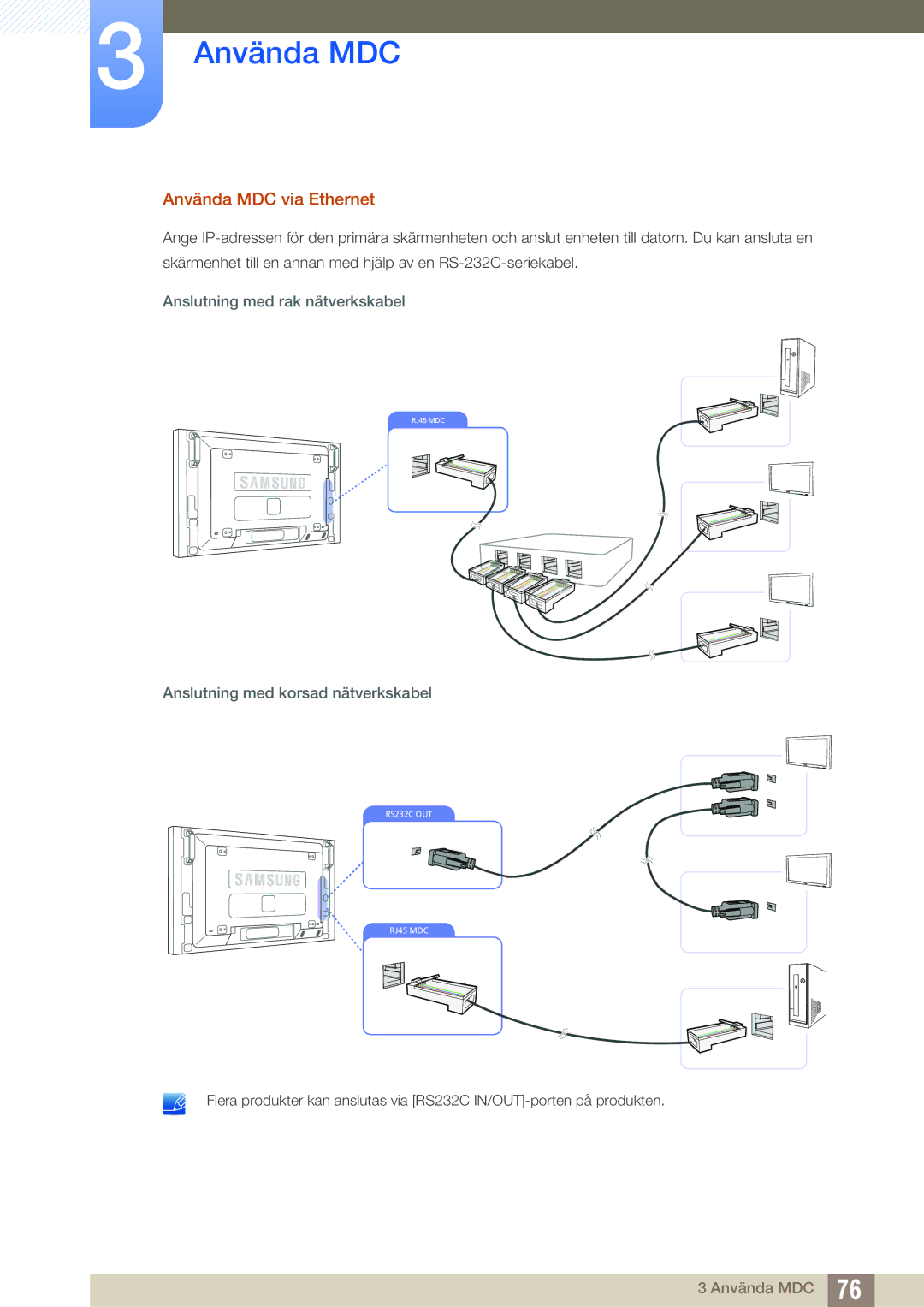 Samsung LH46SLBPLBC/EN Använda MDC via Ethernet, Anslutning med rak nätverkskabel, Anslutning med korsad nätverkskabel 