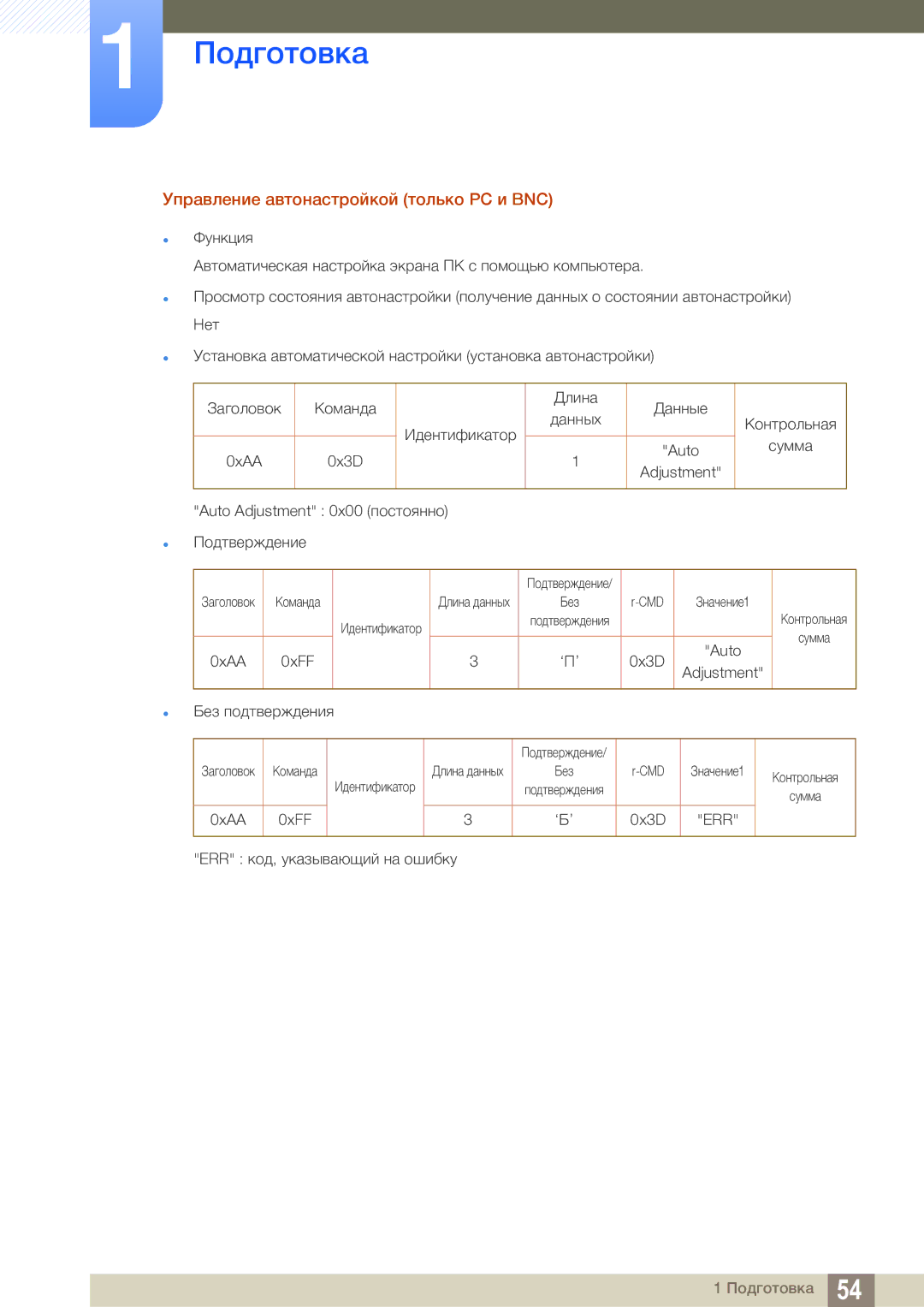 Samsung LH46SLBPLBC/EN manual Управление автонастройкой только PC и BNC, Auto Adjustment 0x00 постоянно Подтверждение 