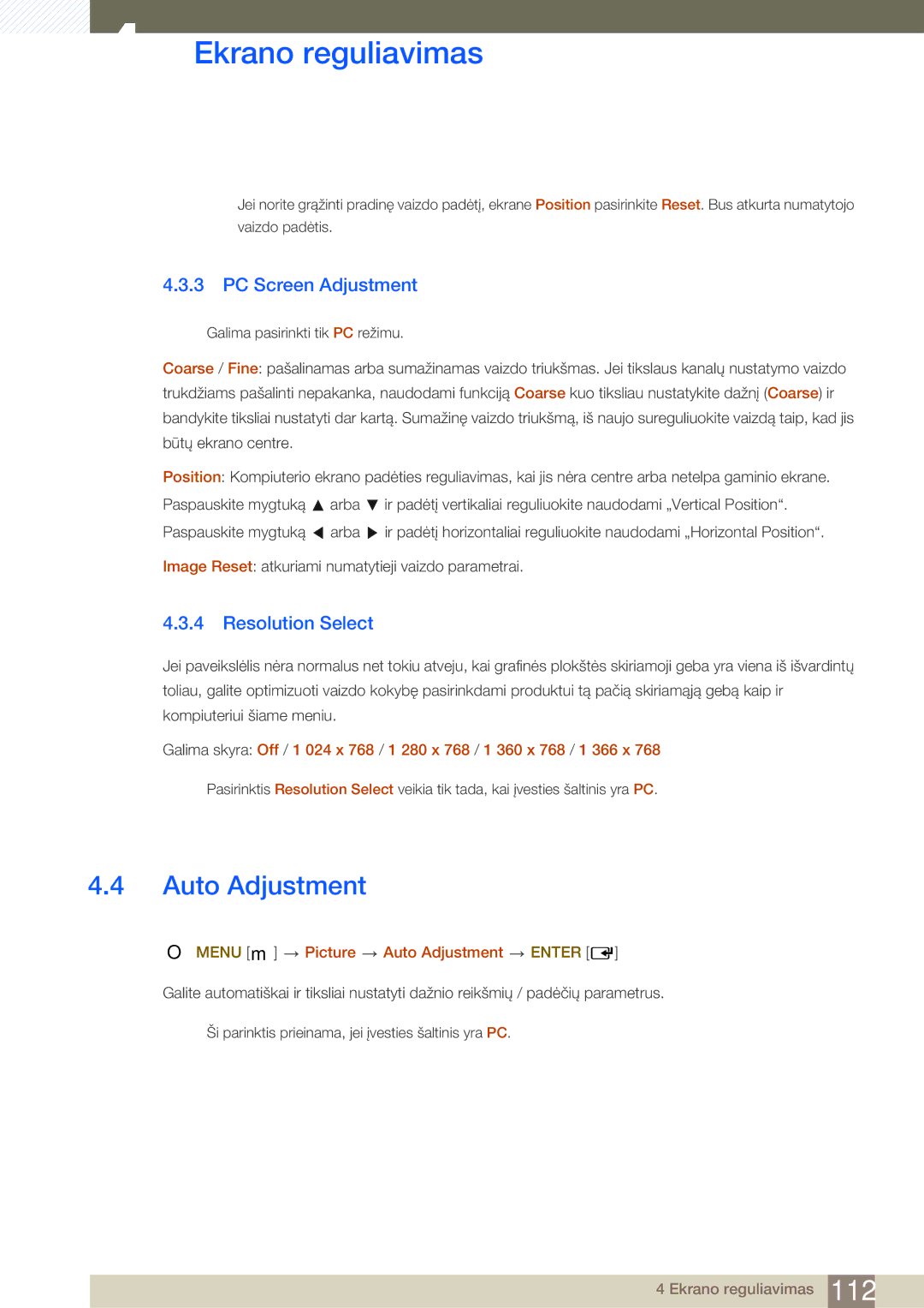 Samsung LH46SLBPLBC/EN manual PC Screen Adjustment, Resolution Select, Menu m Picture Auto Adjustment Enter 