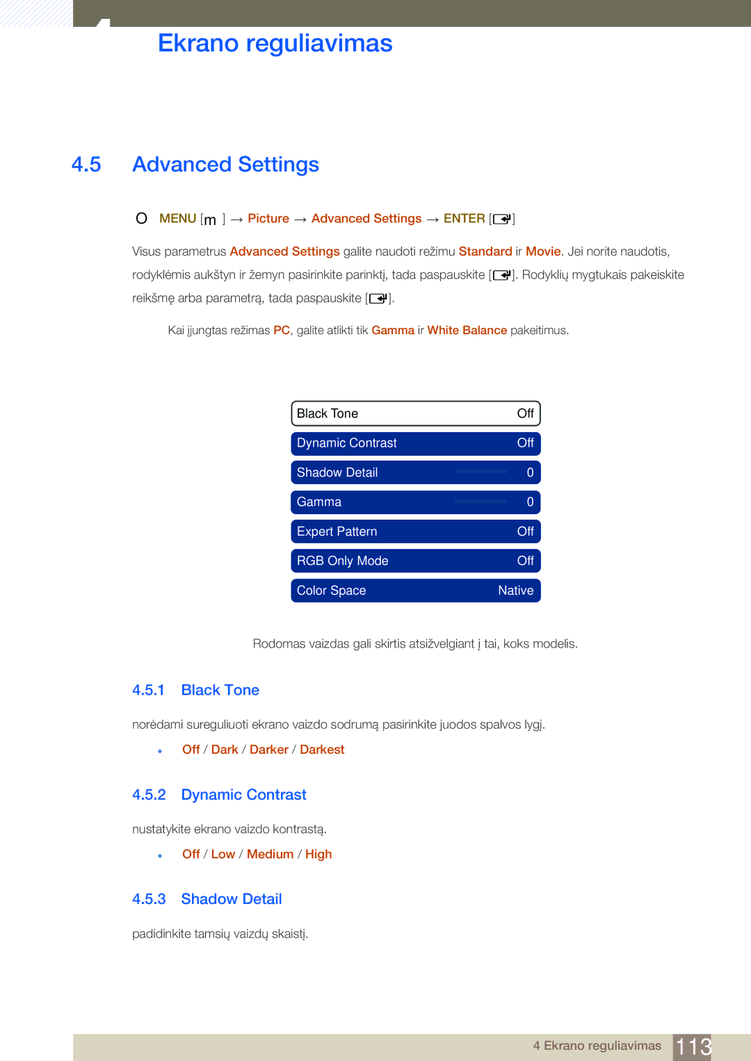 Samsung LH46SLBPLBC/EN manual Advanced Settings, Black Tone, Dynamic Contrast, Shadow Detail 