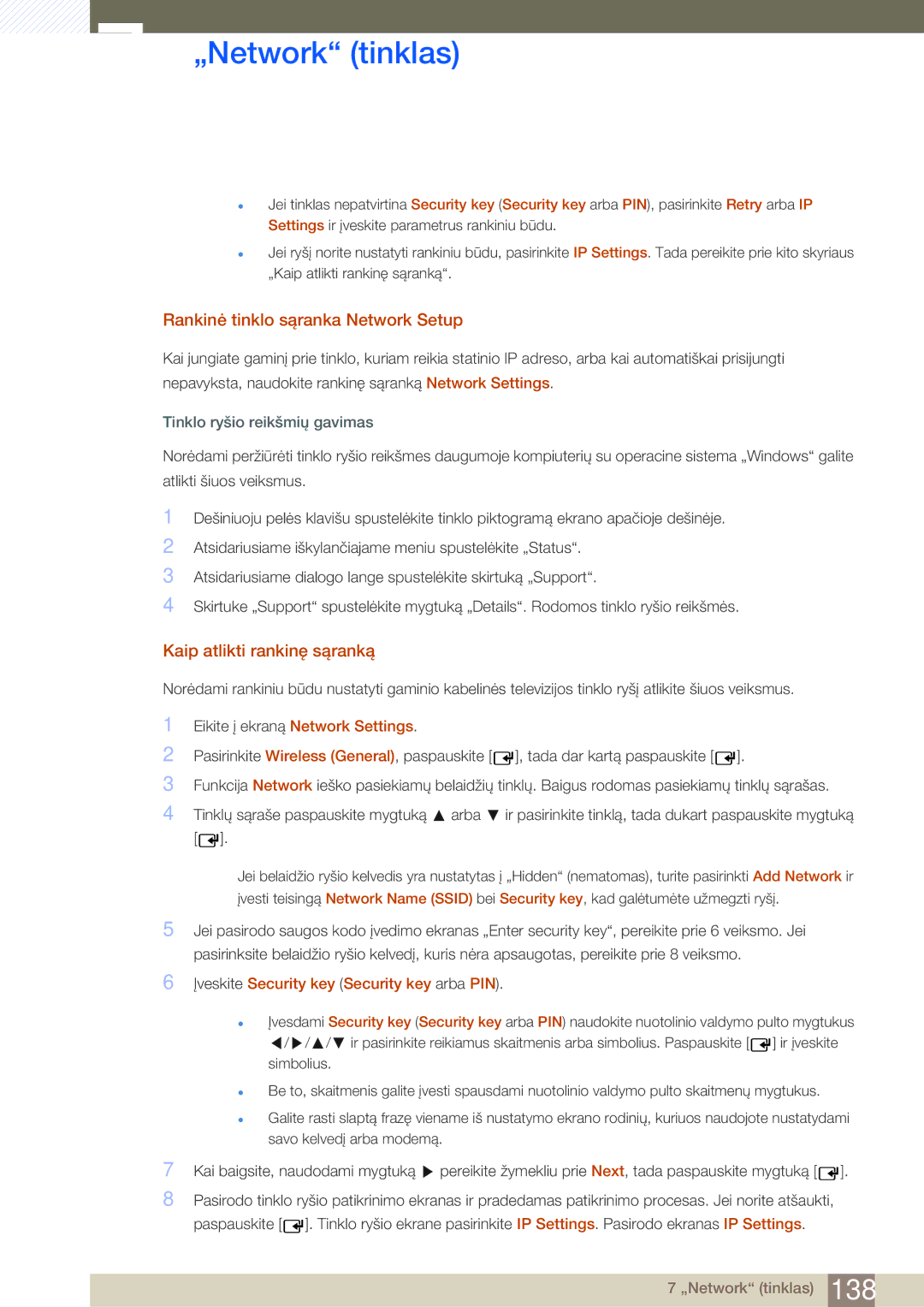 Samsung LH46SLBPLBC/EN manual Rankinė tinklo sąranka Network Setup, Kaip atlikti rankinę sąranką 