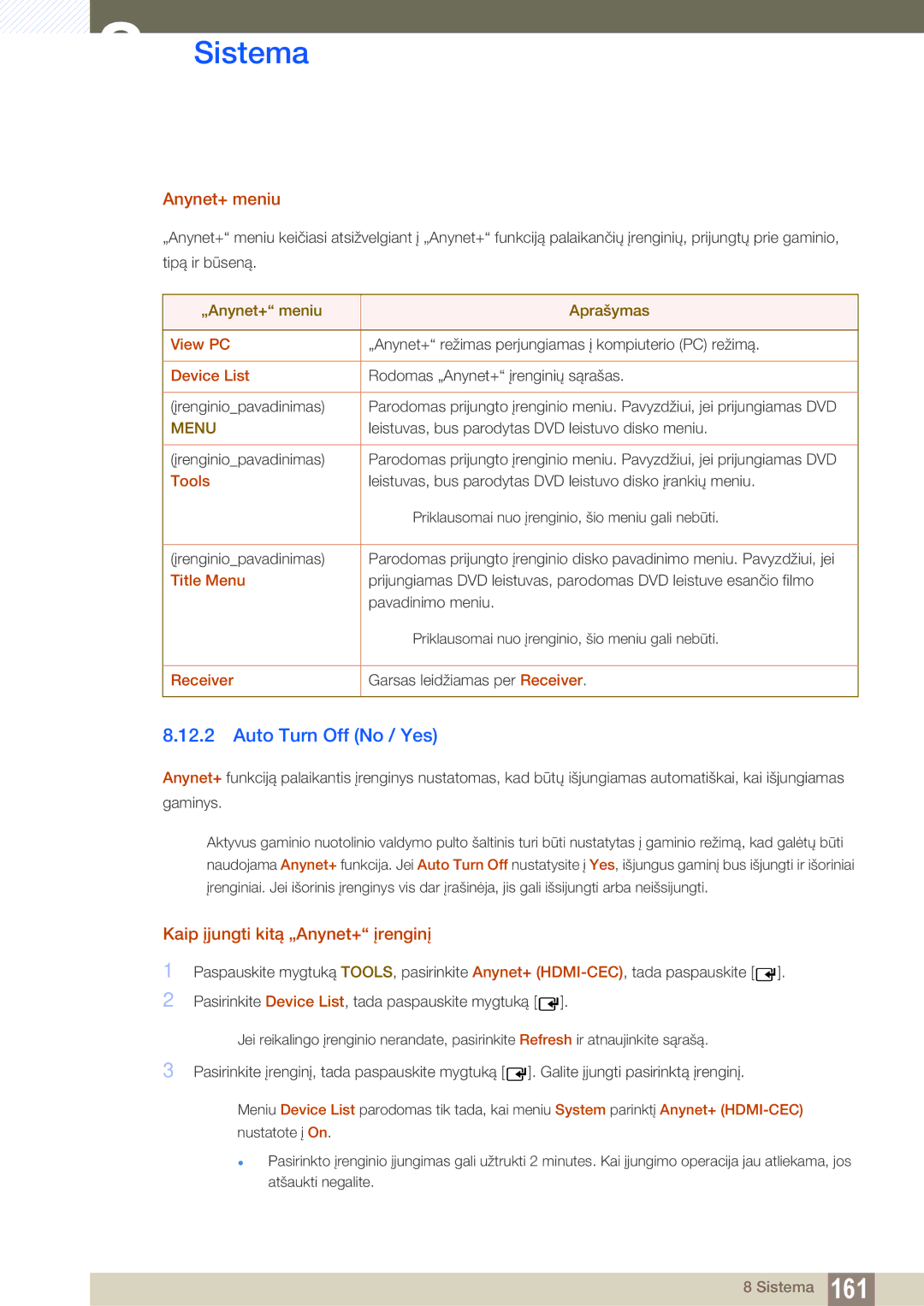 Samsung LH46SLBPLBC/EN manual Auto Turn Off No / Yes, Anynet+ meniu, Kaip įjungti kitą „Anynet+ įrenginį 