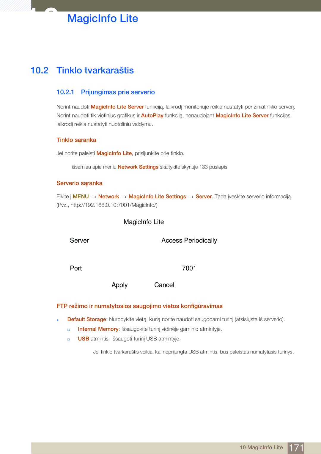 Samsung LH46SLBPLBC/EN manual Tinklo tvarkaraštis, Prijungimas prie serverio, Server Address 192.168.0.10 