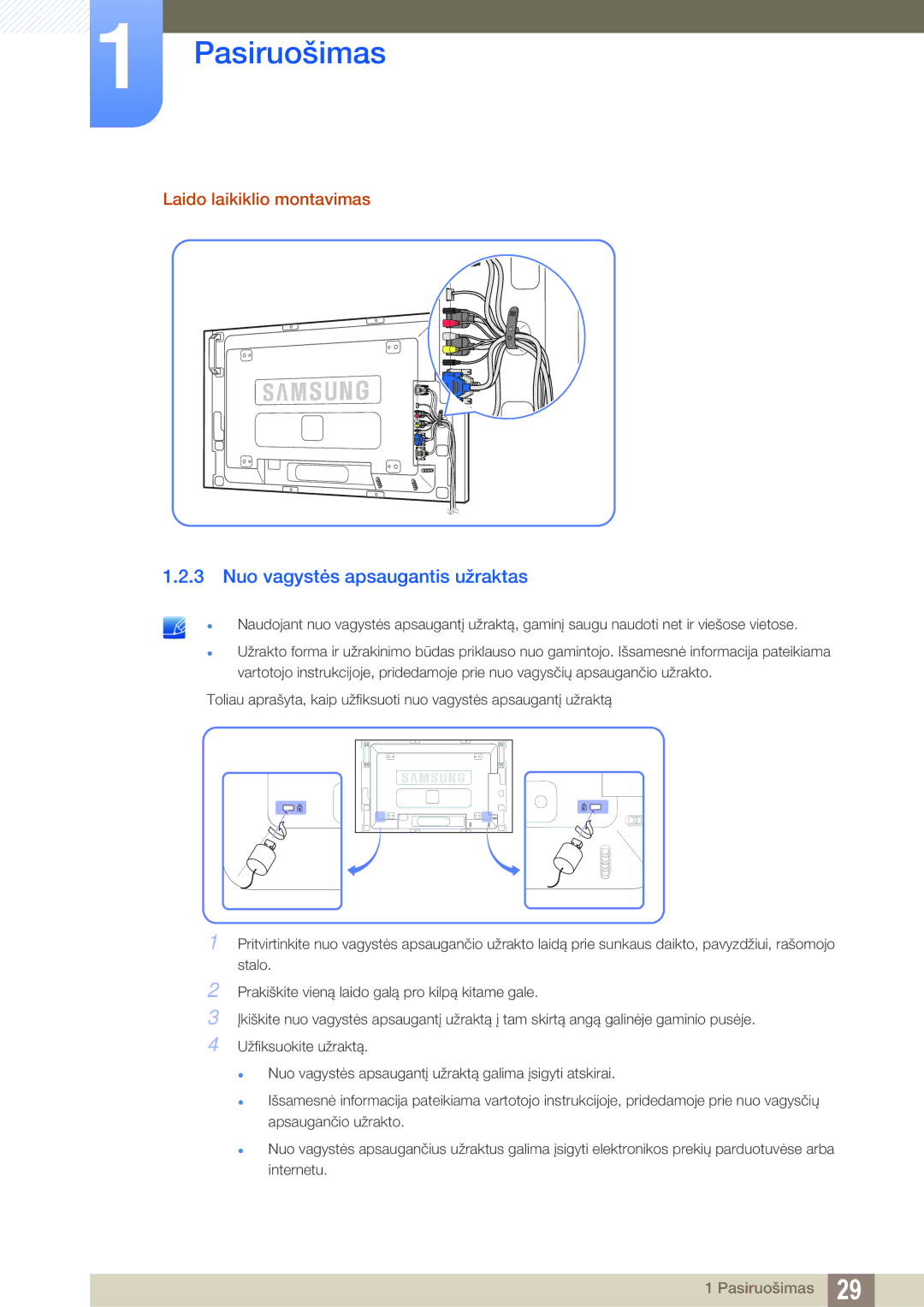 Samsung LH46SLBPLBC/EN manual Nuo vagystės apsaugantis užraktas, Laido laikiklio montavimas 