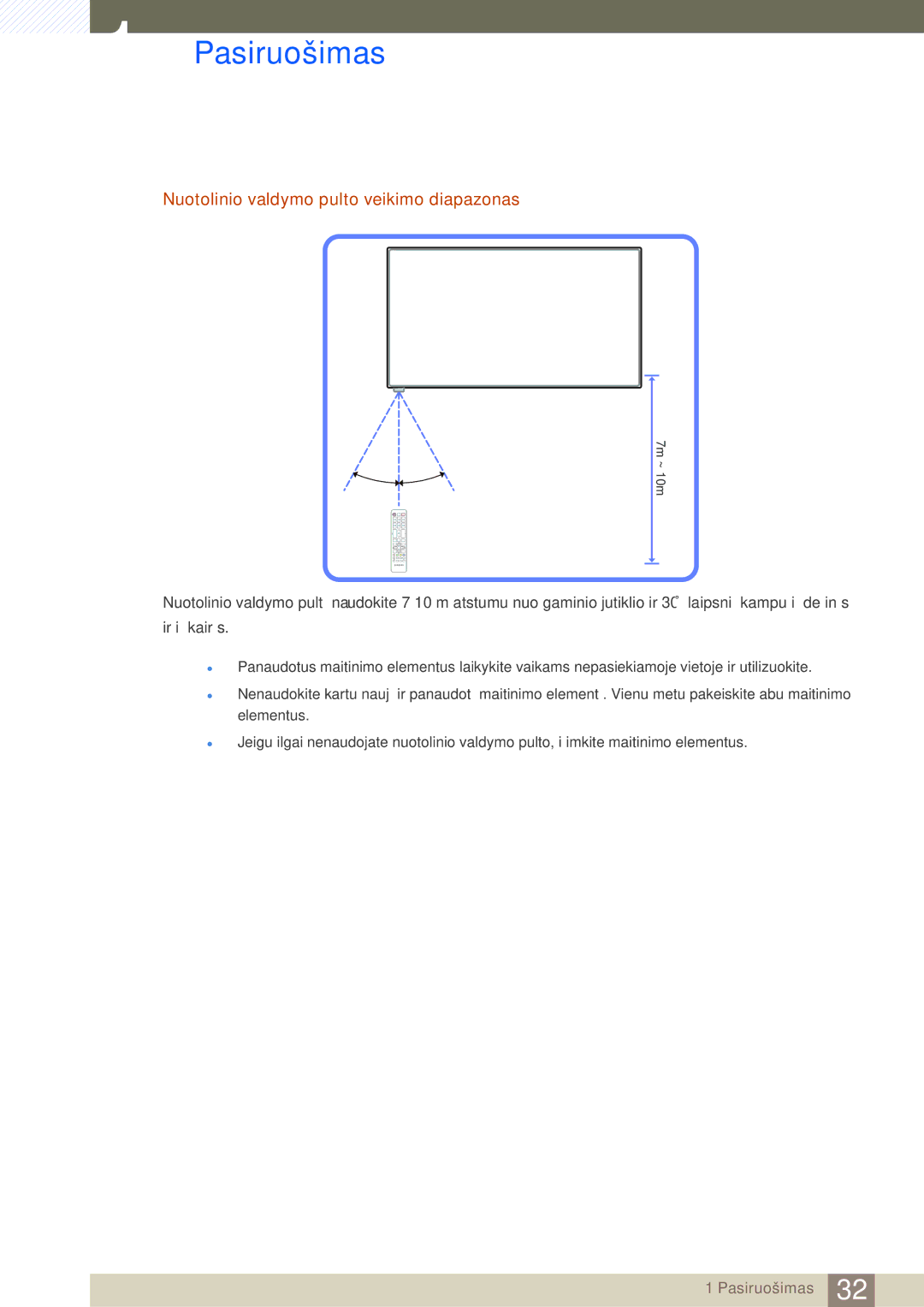 Samsung LH46SLBPLBC/EN manual Nuotolinio valdymo pulto veikimo diapazonas 