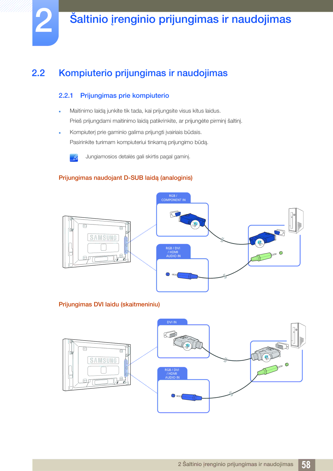 Samsung LH46SLBPLBC/EN manual Kompiuterio prijungimas ir naudojimas, Prijungimas prie kompiuterio 