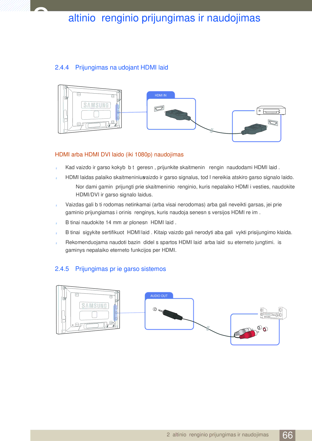 Samsung LH46SLBPLBC/EN manual Prijungimas naudojant Hdmi laidą, Prijungimas prie garso sistemos 