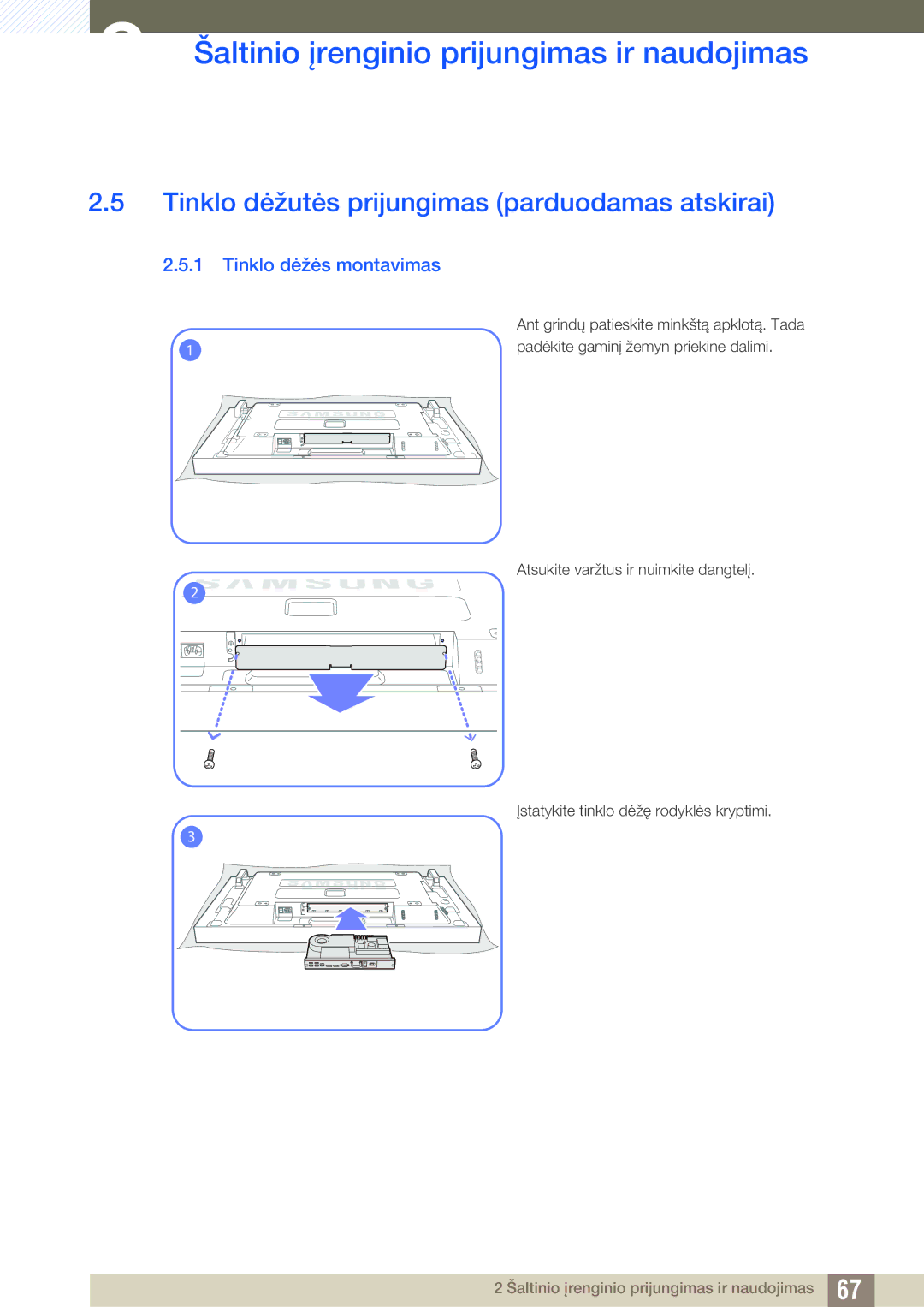 Samsung LH46SLBPLBC/EN manual Tinklo dėžutės prijungimas parduodamas atskirai, Tinklo dėžės montavimas 