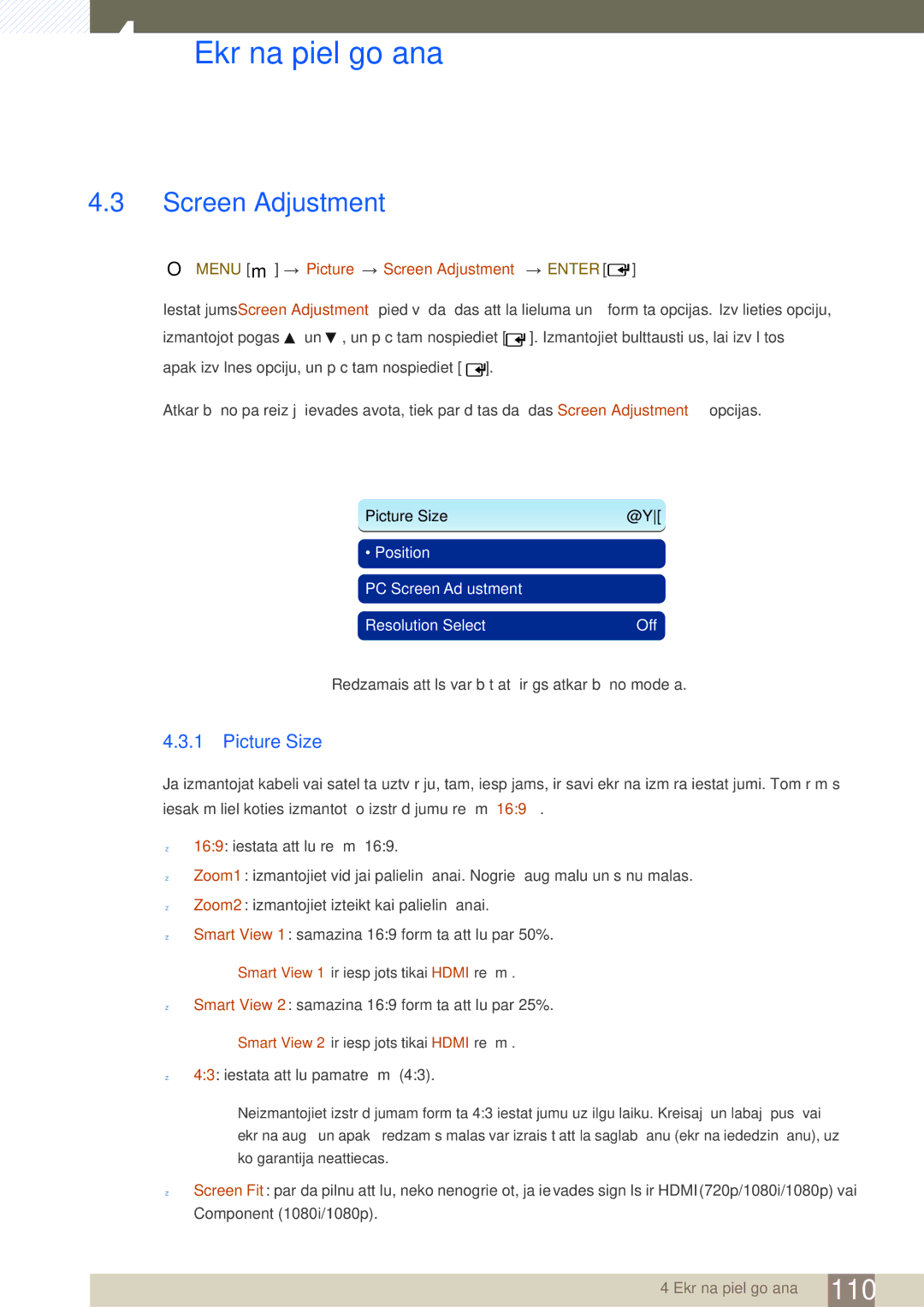 Samsung LH46SLBPLBC/EN manual Picture Size, Menu m Picture Screen Adjustment Enter 