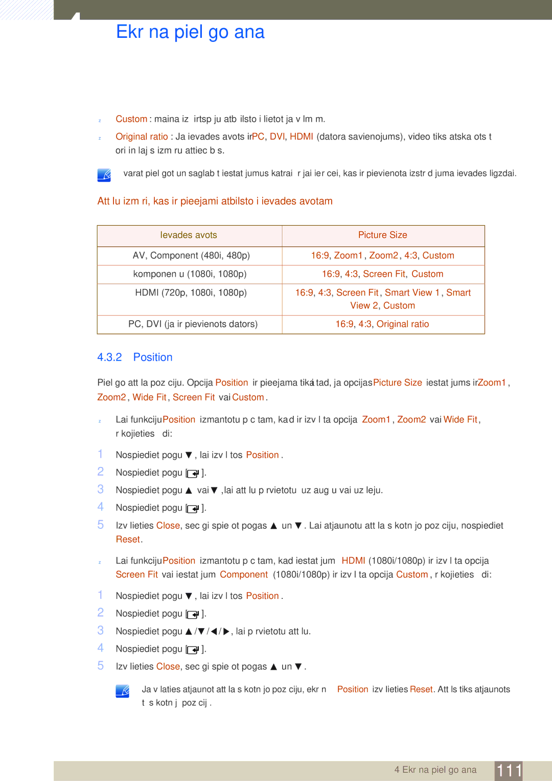 Samsung LH46SLBPLBC/EN manual Position, Attēlu izmēri, kas ir pieejami atbilstoši ievades avotam 