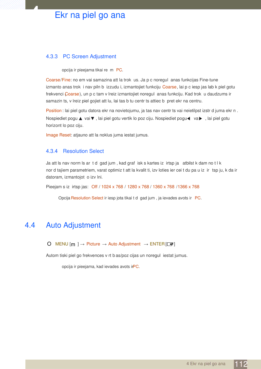 Samsung LH46SLBPLBC/EN manual Auto Adjustment, PC Screen Adjustment, Resolution Select 