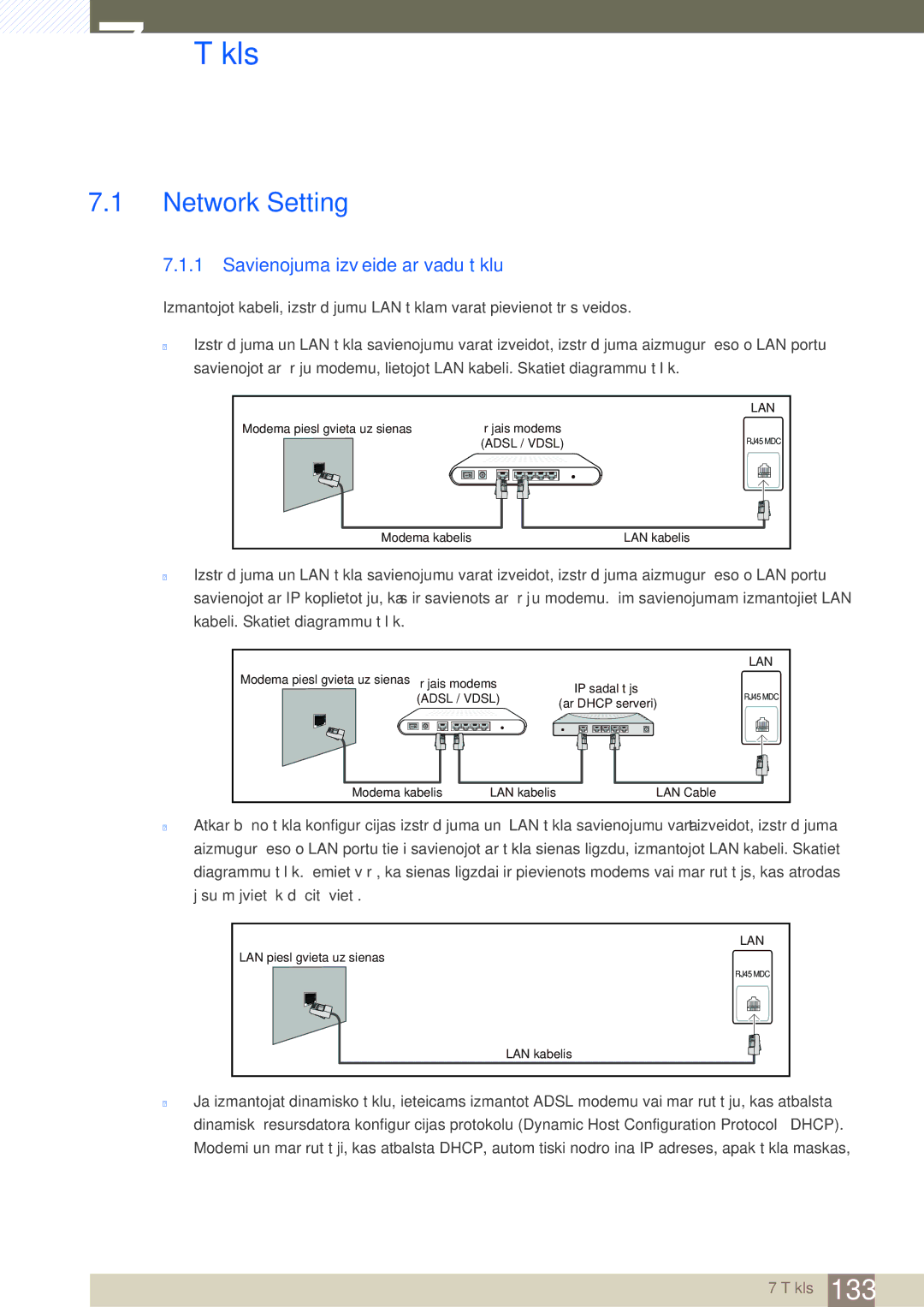 Samsung LH46SLBPLBC/EN manual Tīkls, Network Setting, Savienojuma izveide ar vadu tīklu 