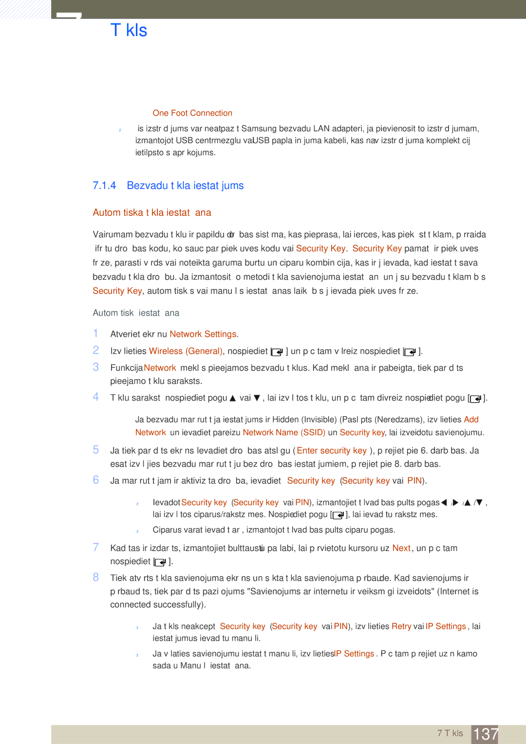 Samsung LH46SLBPLBC/EN manual Bezvadu tīkla iestatījums, † One Foot Connection 