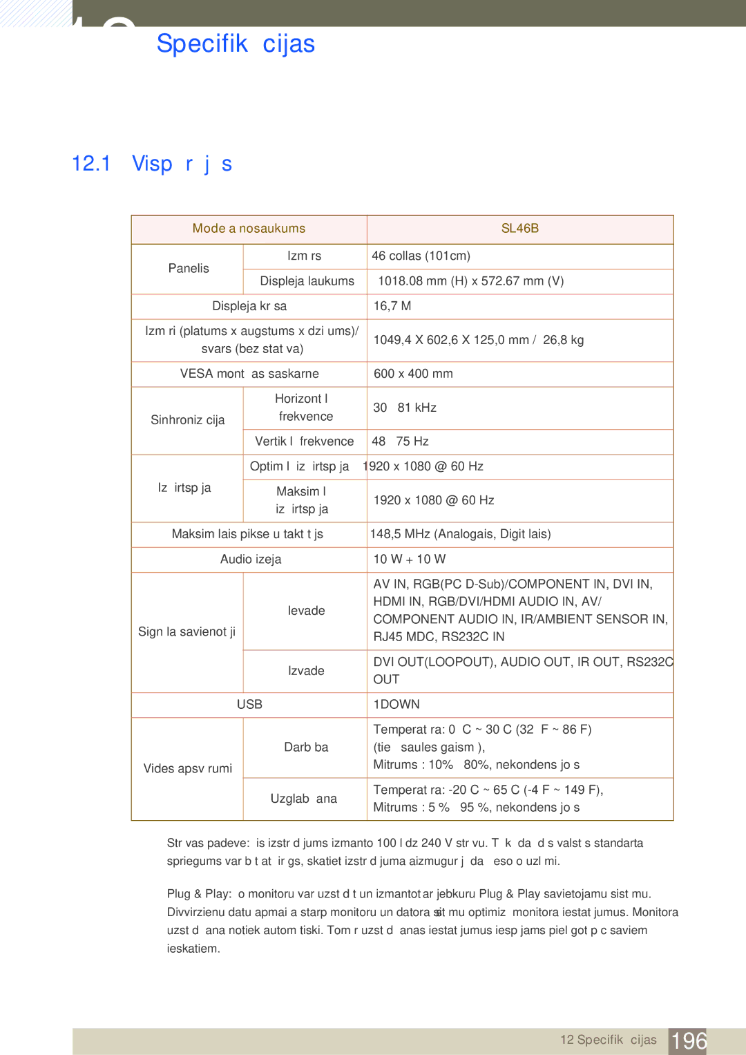 Samsung LH46SLBPLBC/EN manual Specifikācijas, Vispārējās 