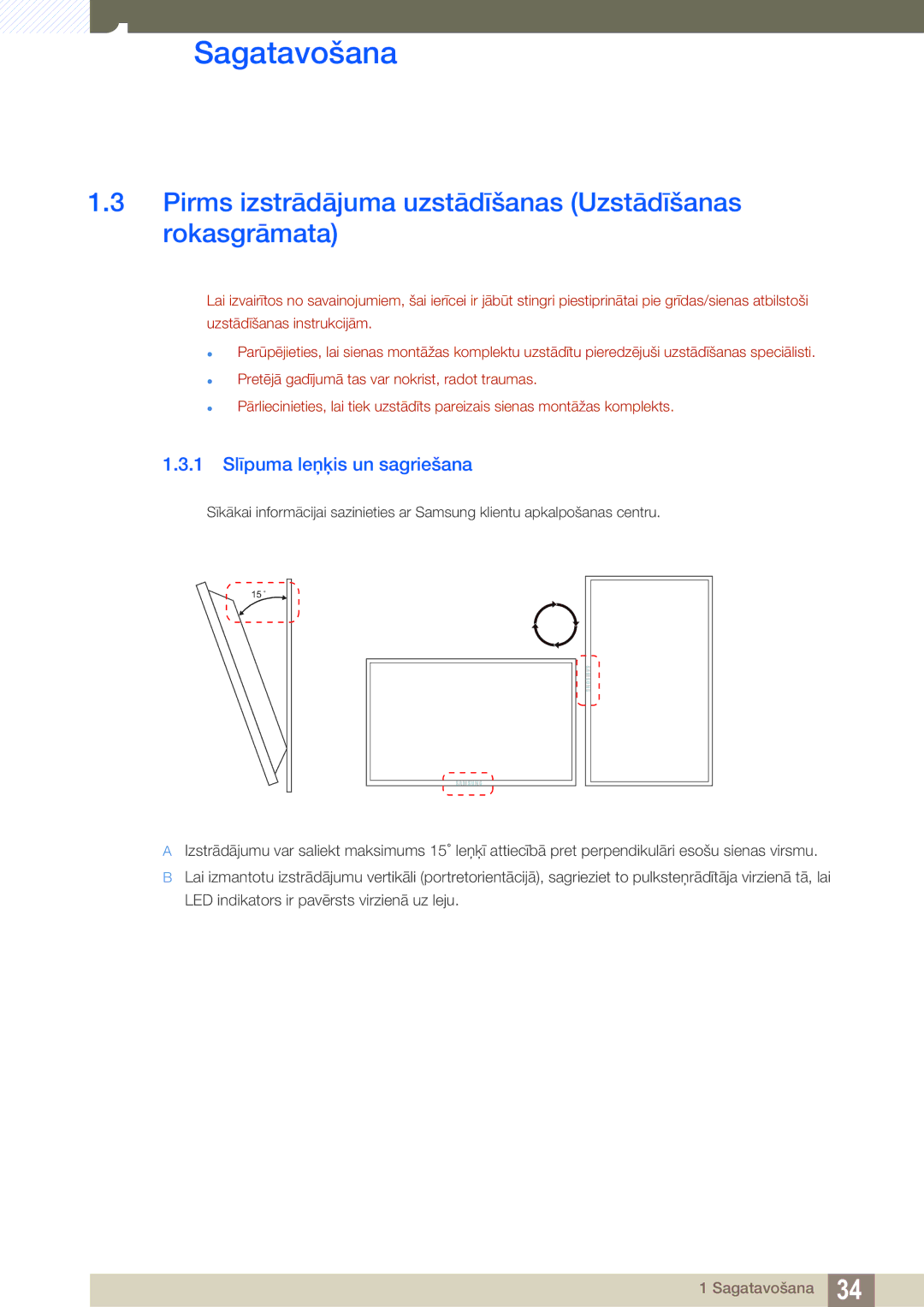 Samsung LH46SLBPLBC/EN manual Pirms izstrādājuma uzstādīšanas Uzstādīšanas rokasgrāmata, 1 Slīpuma leņķis un sagriešana 