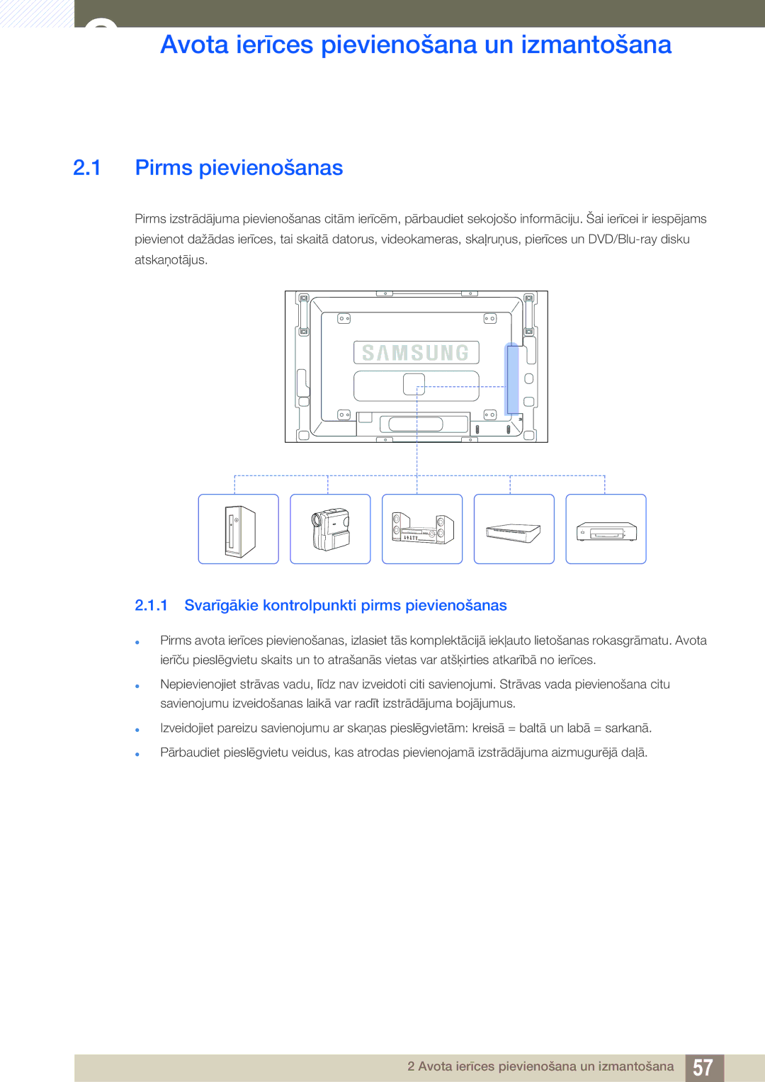 Samsung LH46SLBPLBC/EN manual Avota ierīces pievienošana un izmantošana, Pirms pievienošanas 