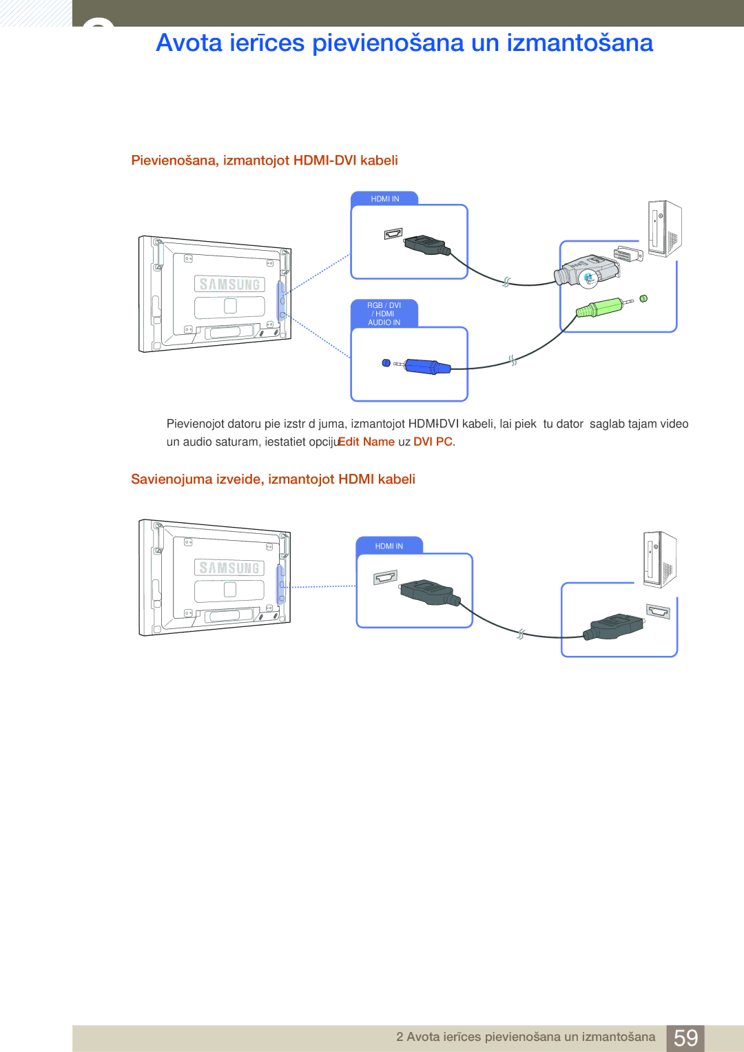 Samsung LH46SLBPLBC/EN manual Pievienošana, izmantojot HDMI-DVI kabeli, Savienojuma izveide, izmantojot Hdmi kabeli 