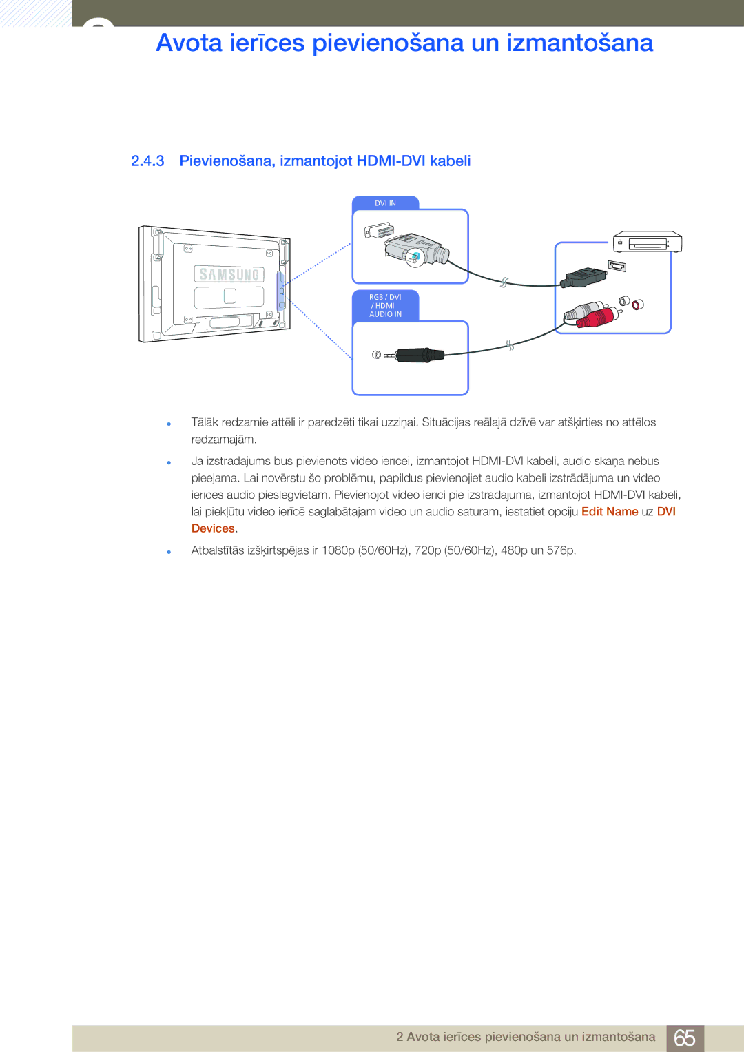 Samsung LH46SLBPLBC/EN manual Pievienošana, izmantojot HDMI-DVI kabeli 