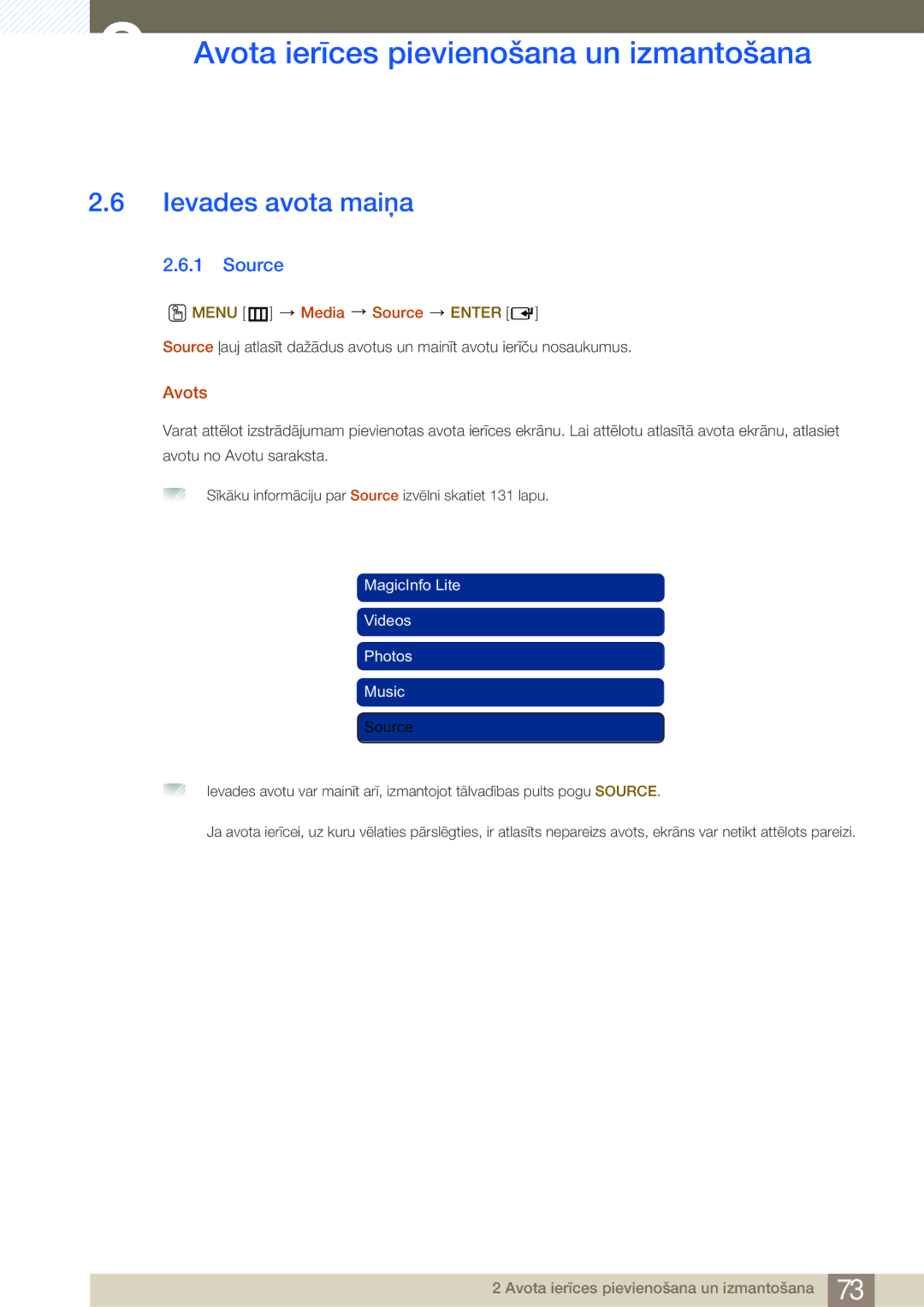 Samsung LH46SLBPLBC/EN manual Ievades avota maiņa, Avots, Menu m Media Source Enter 