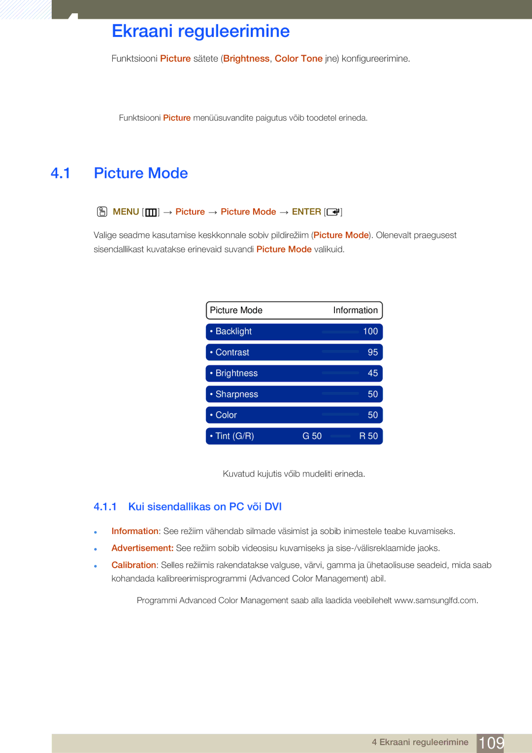 Samsung LH46SLBPLBC/EN manual Ekraani reguleerimine, Picture Mode, Kui sisendallikas on PC või DVI 