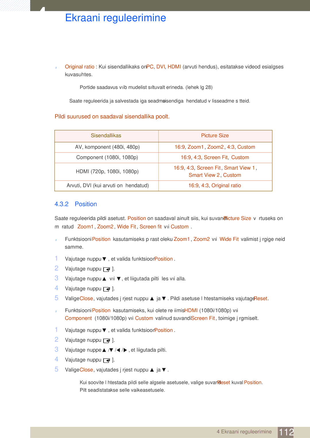 Samsung LH46SLBPLBC/EN manual Position, Pildi suurused on saadaval sisendallika poolt 