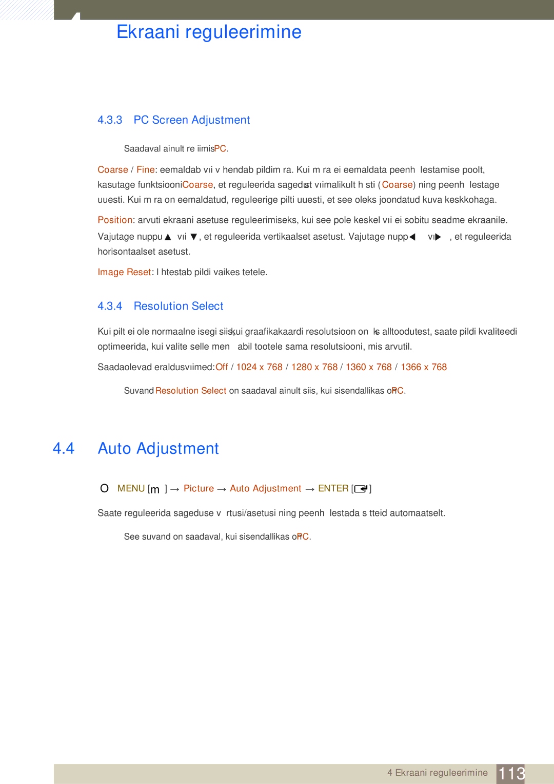 Samsung LH46SLBPLBC/EN manual PC Screen Adjustment, Resolution Select, Menu m Picture Auto Adjustment Enter 