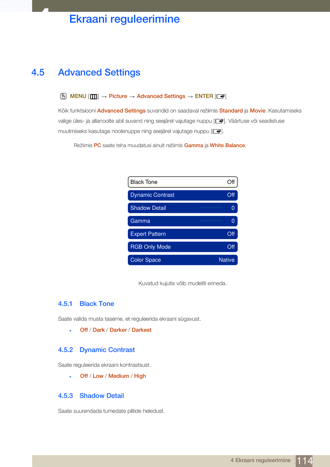 Samsung LH46SLBPLBC/EN manual Advanced Settings, Black Tone, Dynamic Contrast, Shadow Detail 