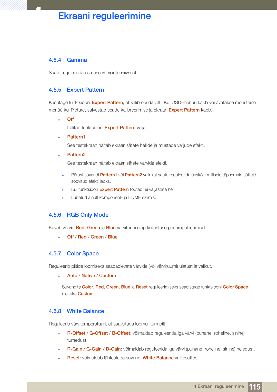 Samsung LH46SLBPLBC/EN manual Gamma, Expert Pattern, RGB Only Mode, Color Space, White Balance 