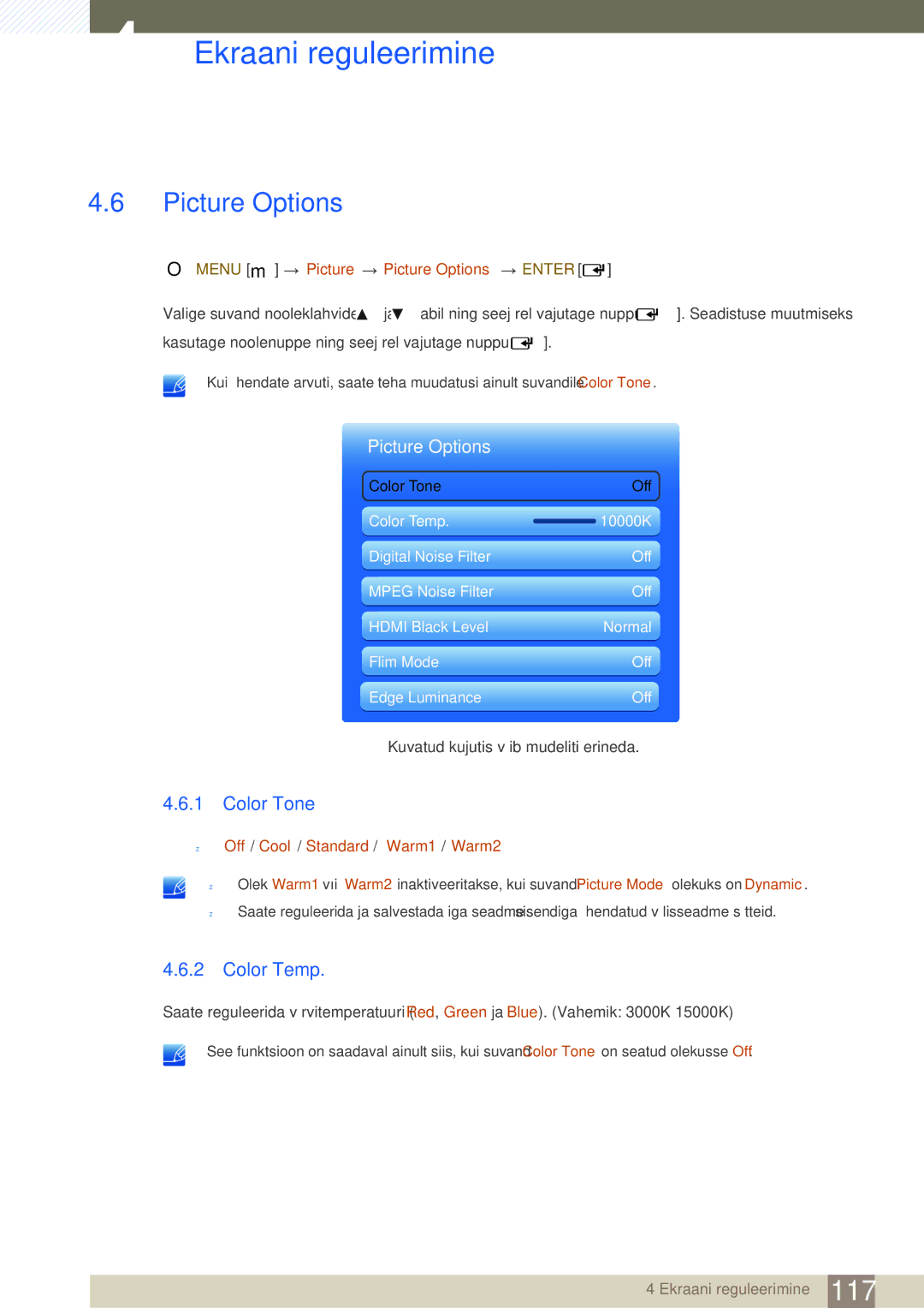 Samsung LH46SLBPLBC/EN manual Picture Options, Color Tone, Color Temp 