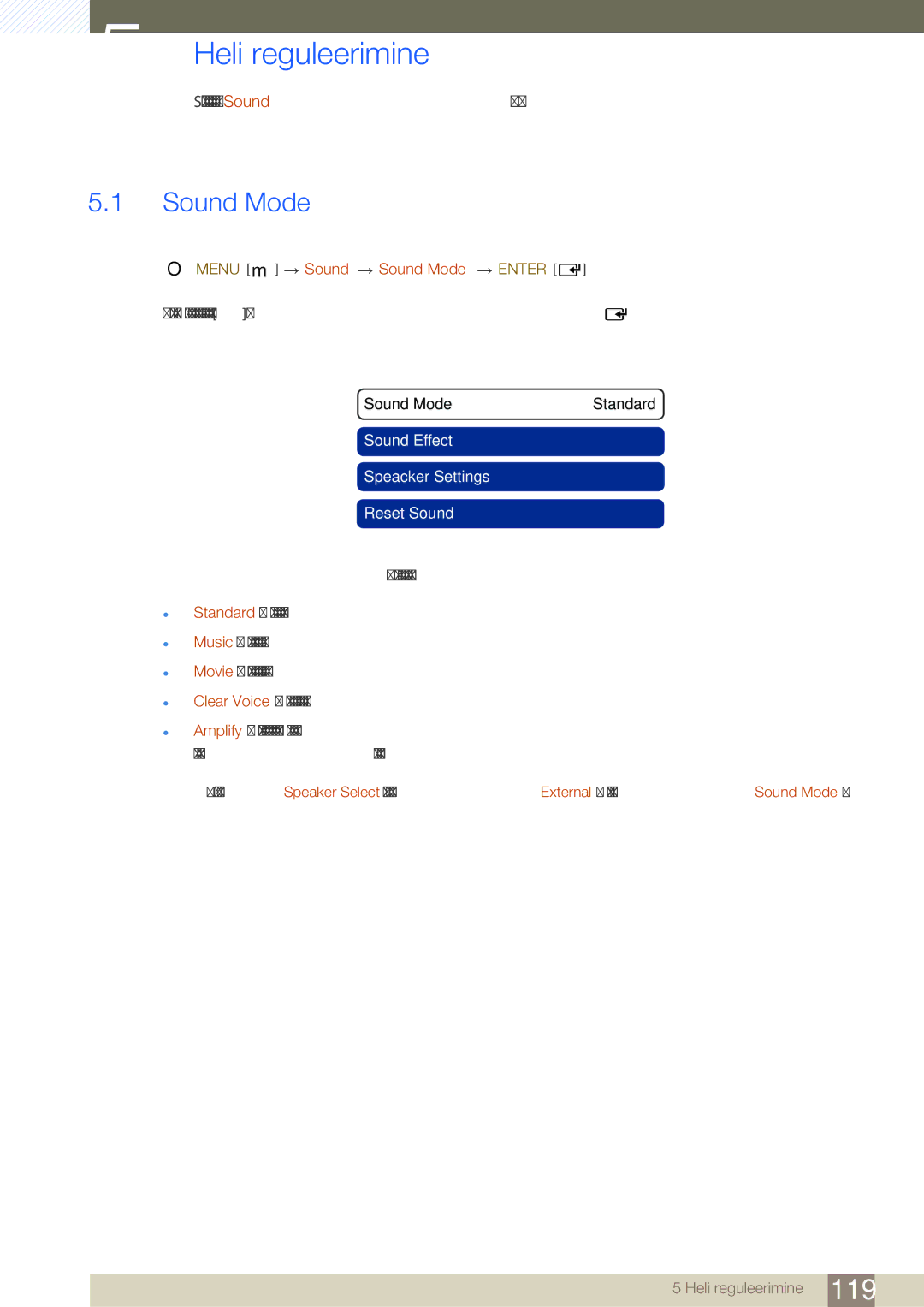 Samsung LH46SLBPLBC/EN manual Heli reguleerimine, Menu m Sound Sound Mode Enter 