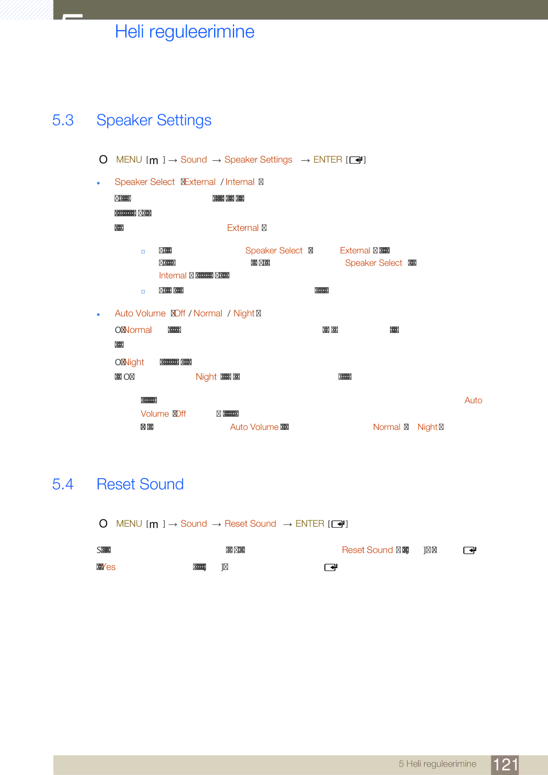 Samsung LH46SLBPLBC/EN manual Speaker Settings, Auto Volume Off / Normal / Night, Menu m Sound Reset Sound Enter 