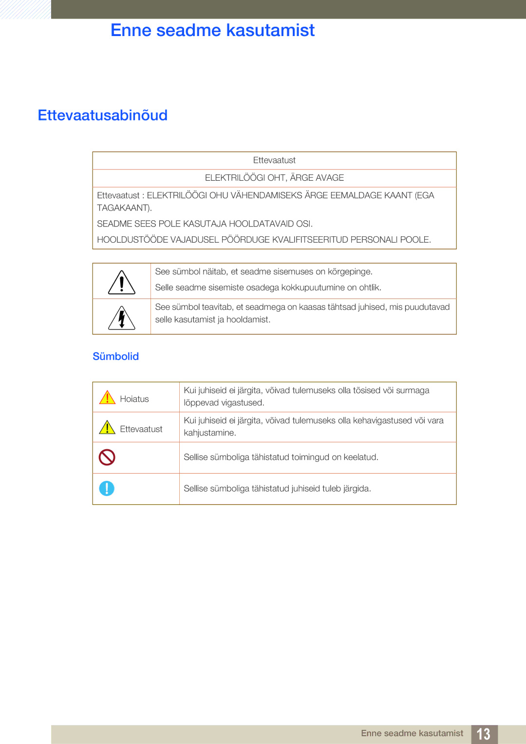 Samsung LH46SLBPLBC/EN manual Ettevaatusabinõud, Sümbolid 