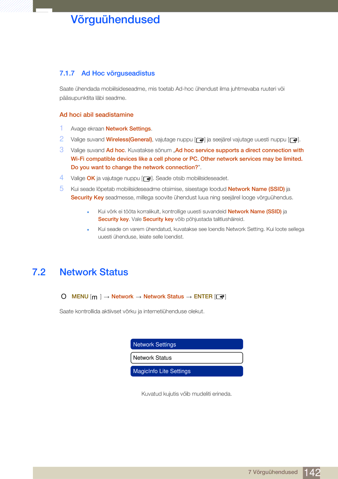 Samsung LH46SLBPLBC/EN manual Network Status, Ad Hoc võrguseadistus, Ad hoci abil seadistamine 