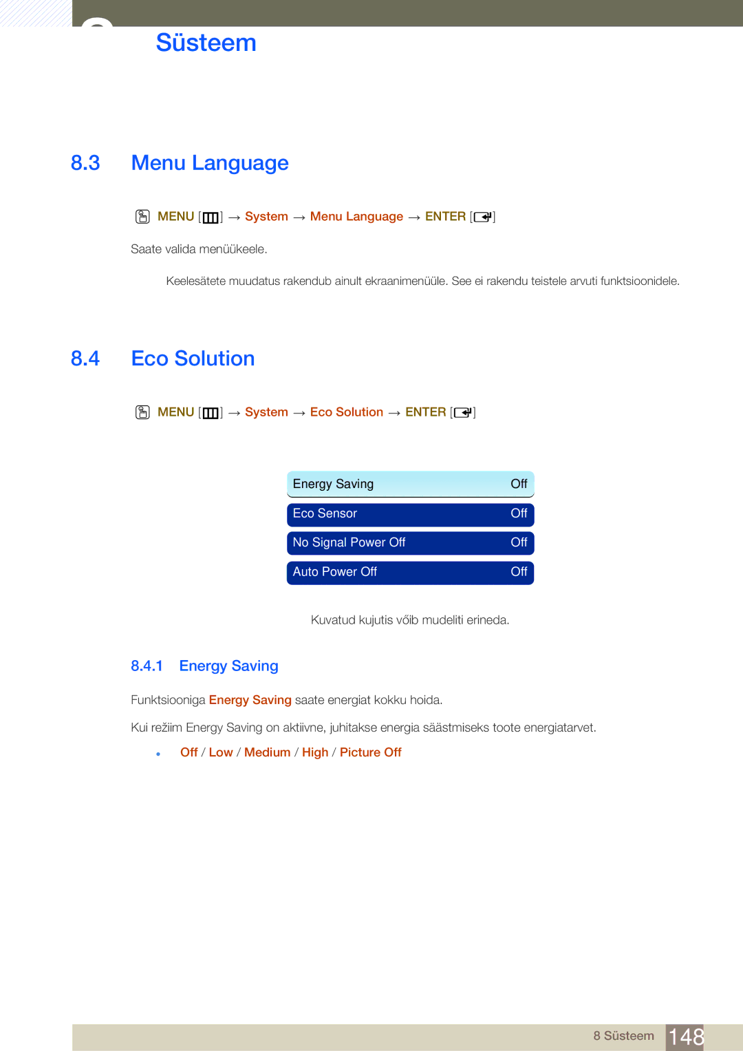 Samsung LH46SLBPLBC/EN manual Menu Language, Eco Solution, Energy Saving 