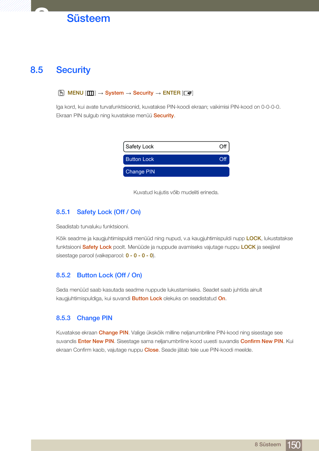 Samsung LH46SLBPLBC/EN manual Security, Safety Lock Off / On, Button Lock Off / On, Change PIN 