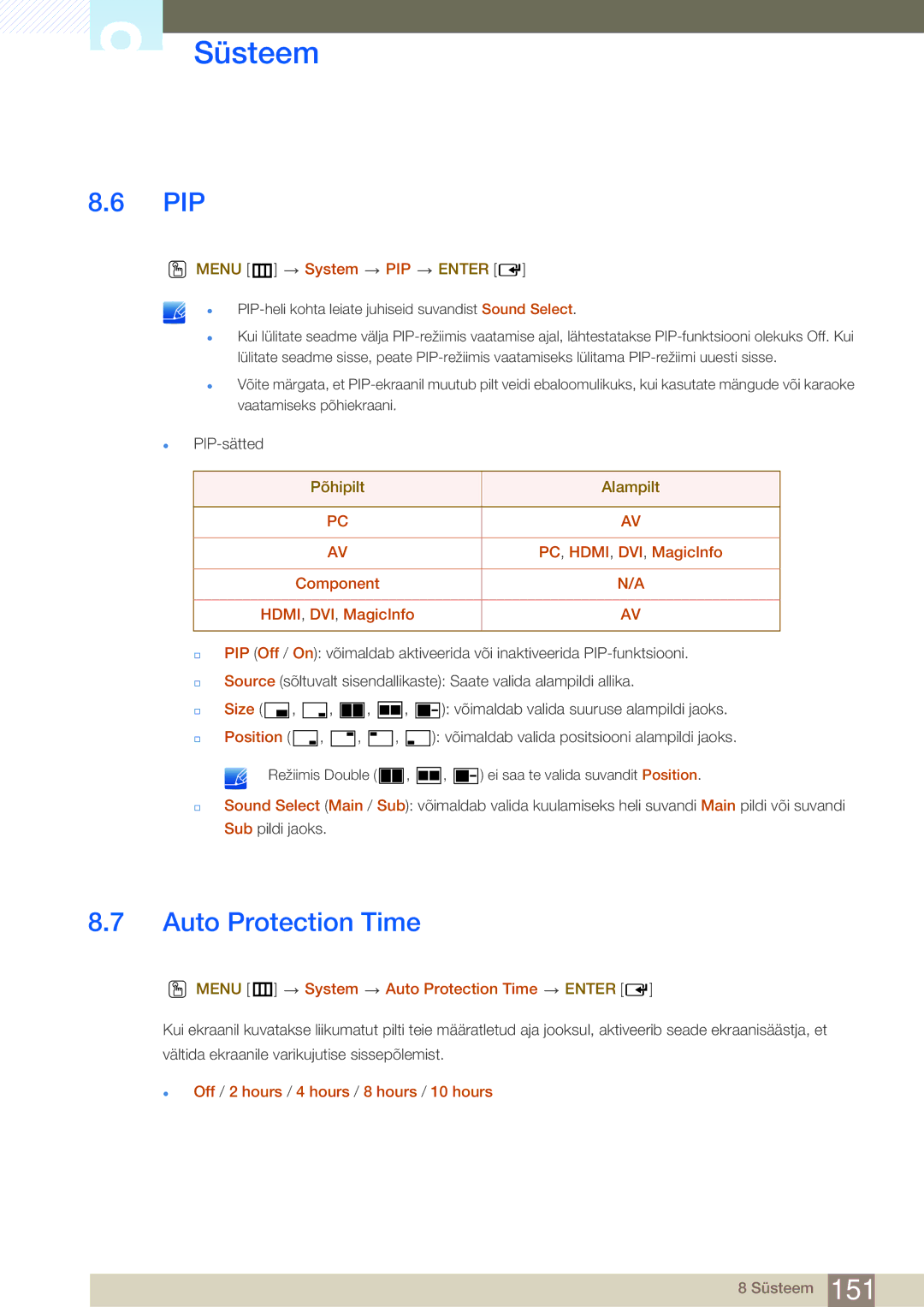 Samsung LH46SLBPLBC/EN manual Pip, Auto Protection Time 