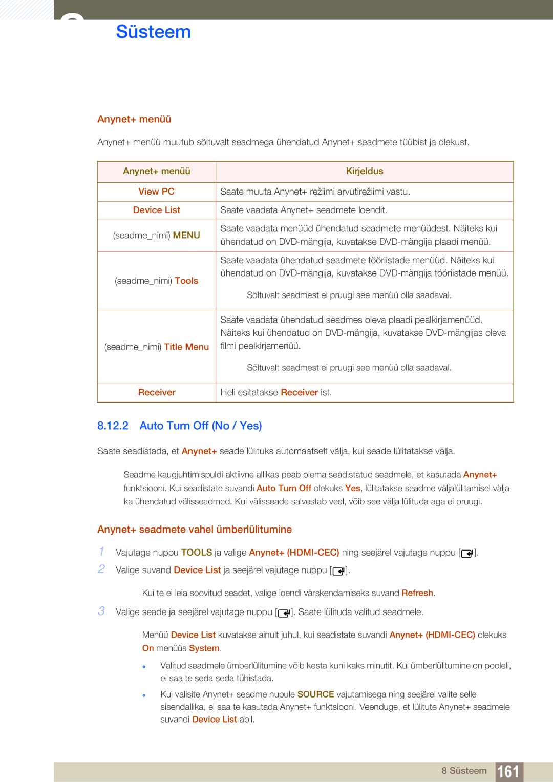 Samsung LH46SLBPLBC/EN manual Auto Turn Off No / Yes, Anynet+ menüü, Anynet+ seadmete vahel ümberlülitumine 