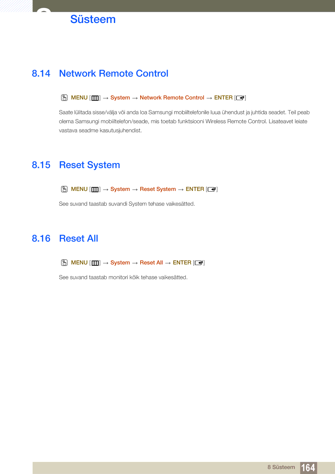 Samsung LH46SLBPLBC/EN manual Reset System, Reset All, Menu m System Network Remote Control Enter 