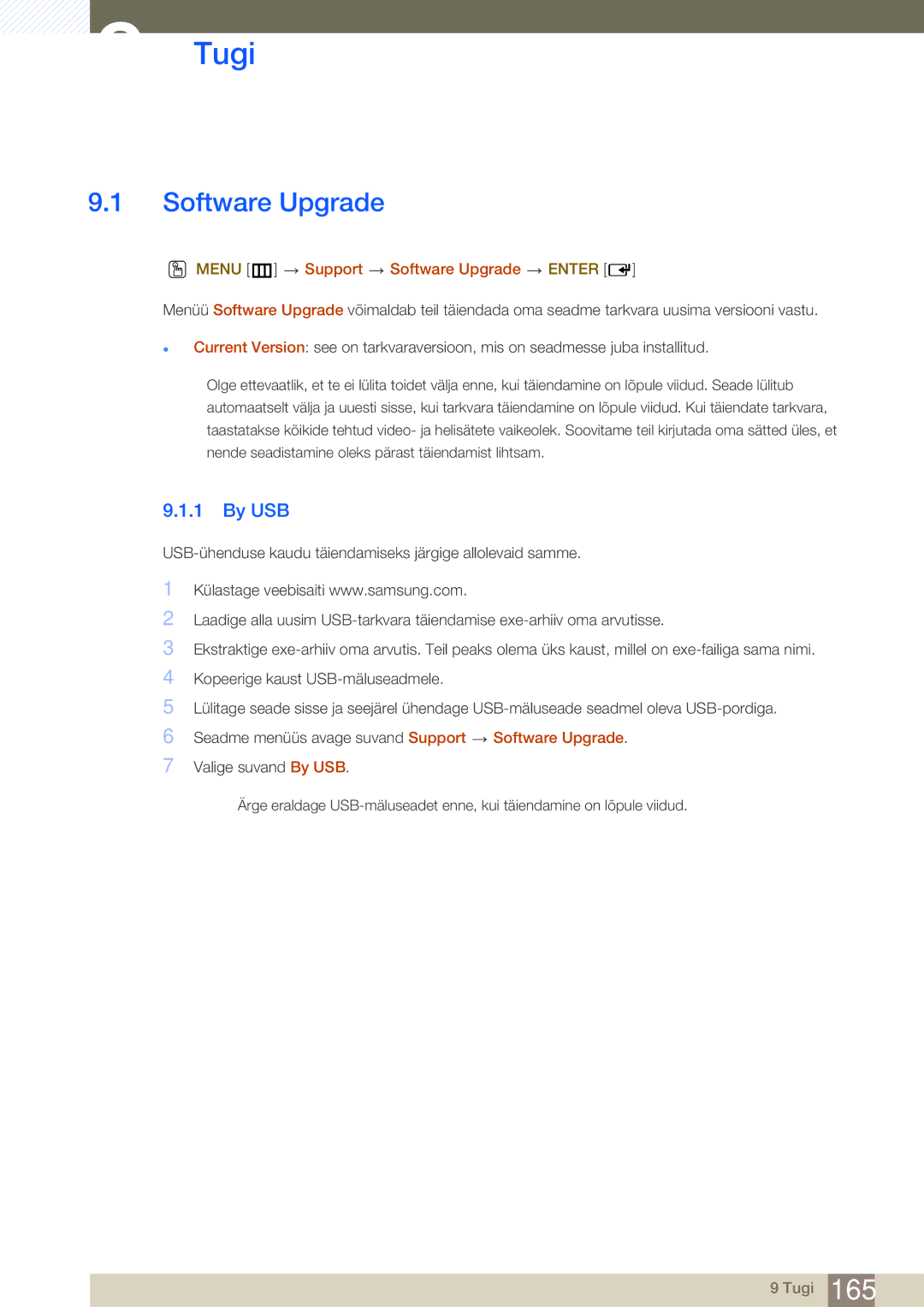 Samsung LH46SLBPLBC/EN manual Tugi, By USB, Menu m Support Software Upgrade Enter 