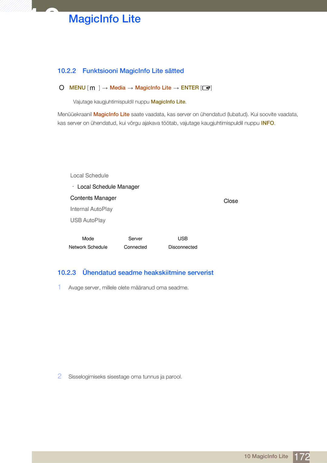 Samsung LH46SLBPLBC/EN manual Funktsiooni MagicInfo Lite sätted, 10.2.3 Ühendatud seadme heakskiitmine serverist 