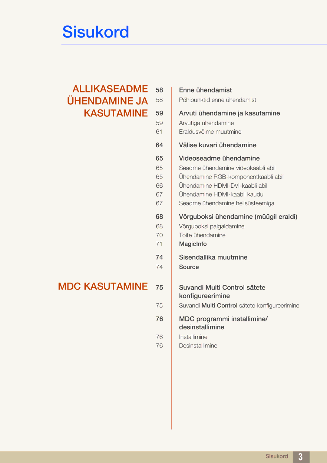 Samsung LH46SLBPLBC/EN manual Allikaseadme 58 Ühendamine JA 58 Kasutamine MDC Kasutamine 