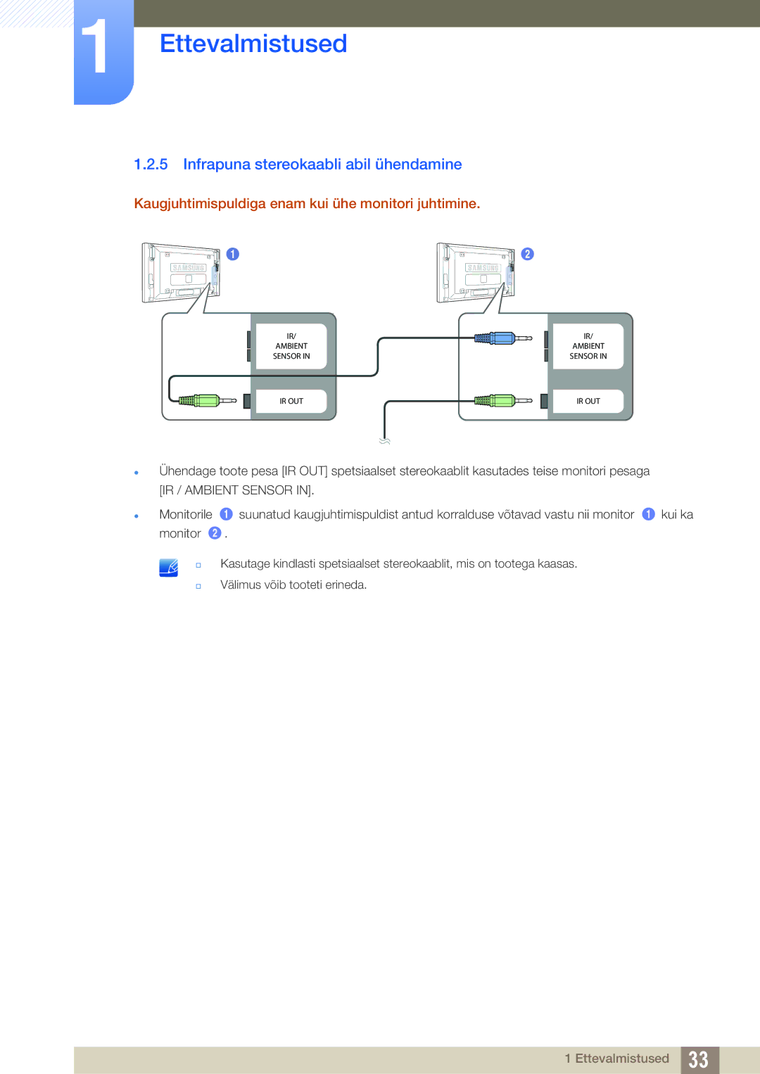 Samsung LH46SLBPLBC/EN manual Infrapuna stereokaabli abil ühendamine, Kaugjuhtimispuldiga enam kui ühe monitori juhtimine 