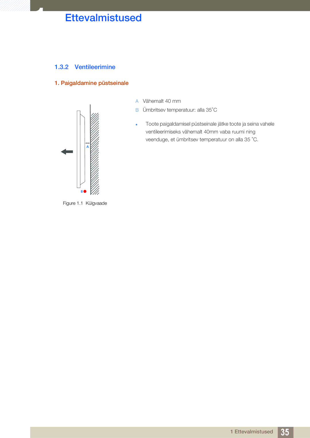 Samsung LH46SLBPLBC/EN manual Ventileerimine, Paigaldamine püstseinale 