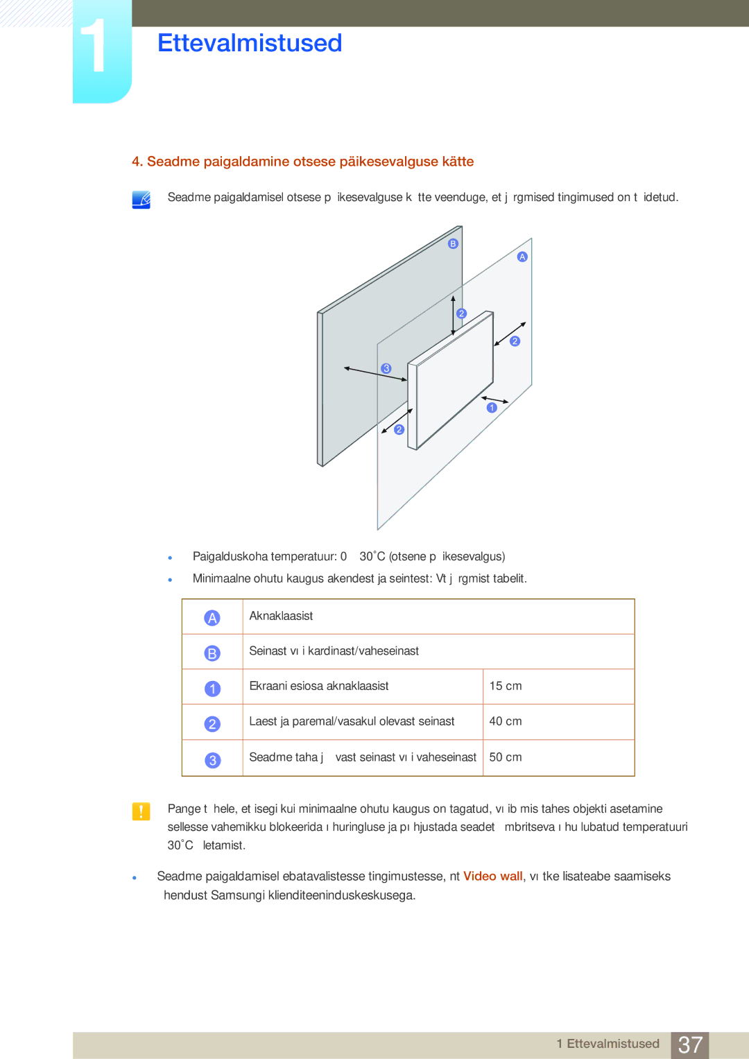 Samsung LH46SLBPLBC/EN manual Seadme paigaldamine otsese päikesevalguse kätte 