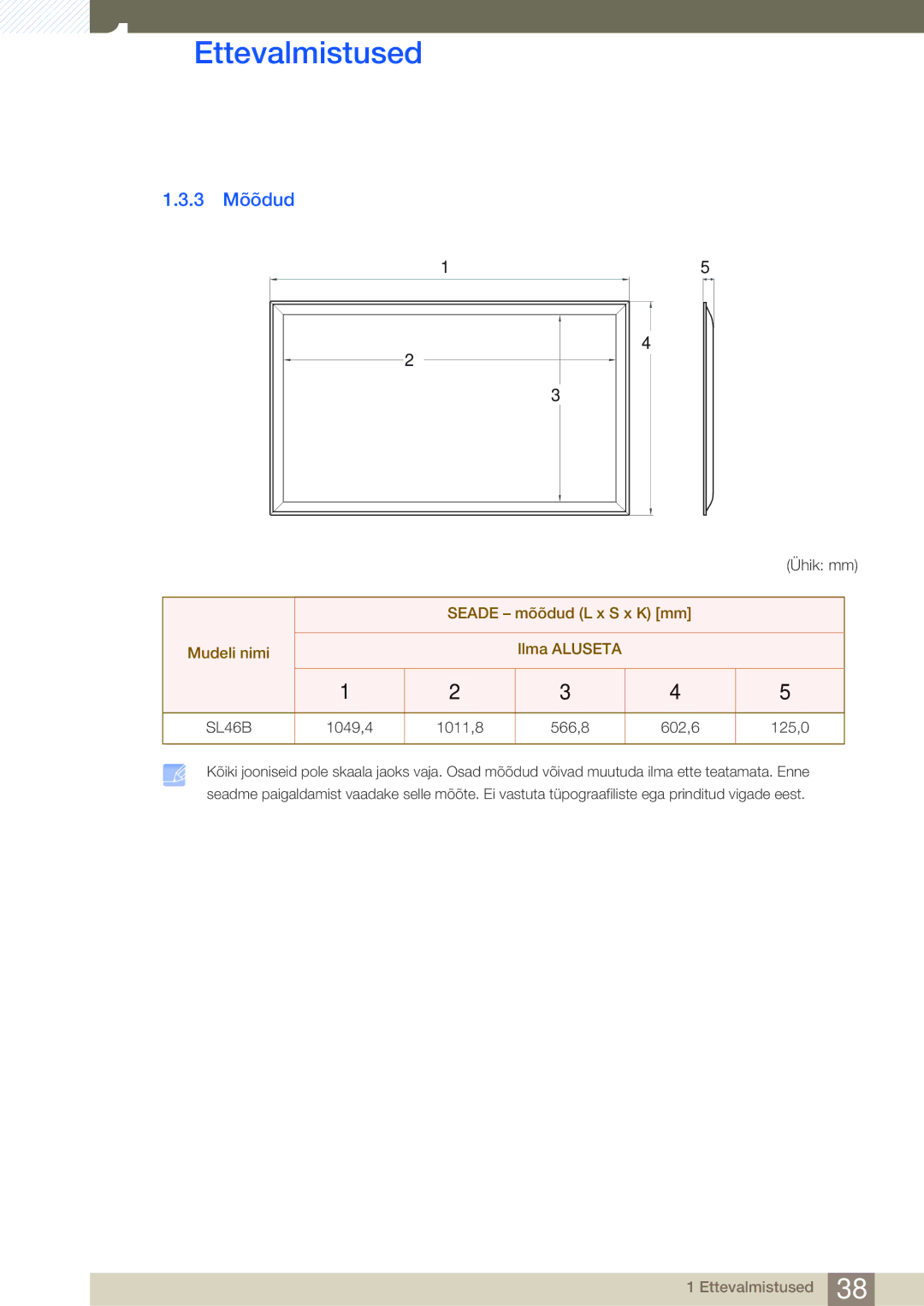 Samsung LH46SLBPLBC/EN manual 3 Mõõdud, Seade mõõdud L x S x K mm Mudeli nimi Ilma Aluseta 