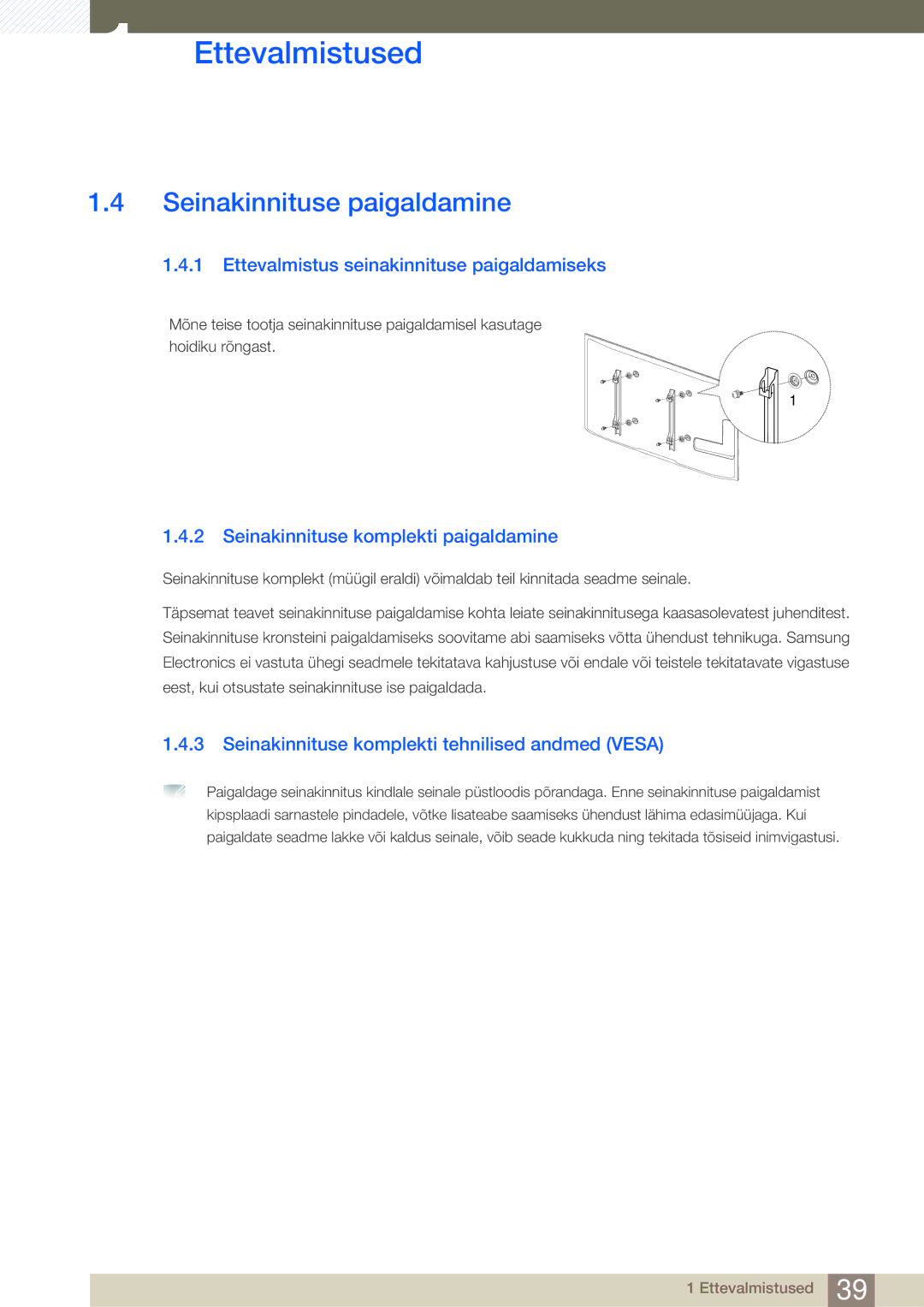 Samsung LH46SLBPLBC/EN manual Seinakinnituse paigaldamine, Ettevalmistus seinakinnituse paigaldamiseks 