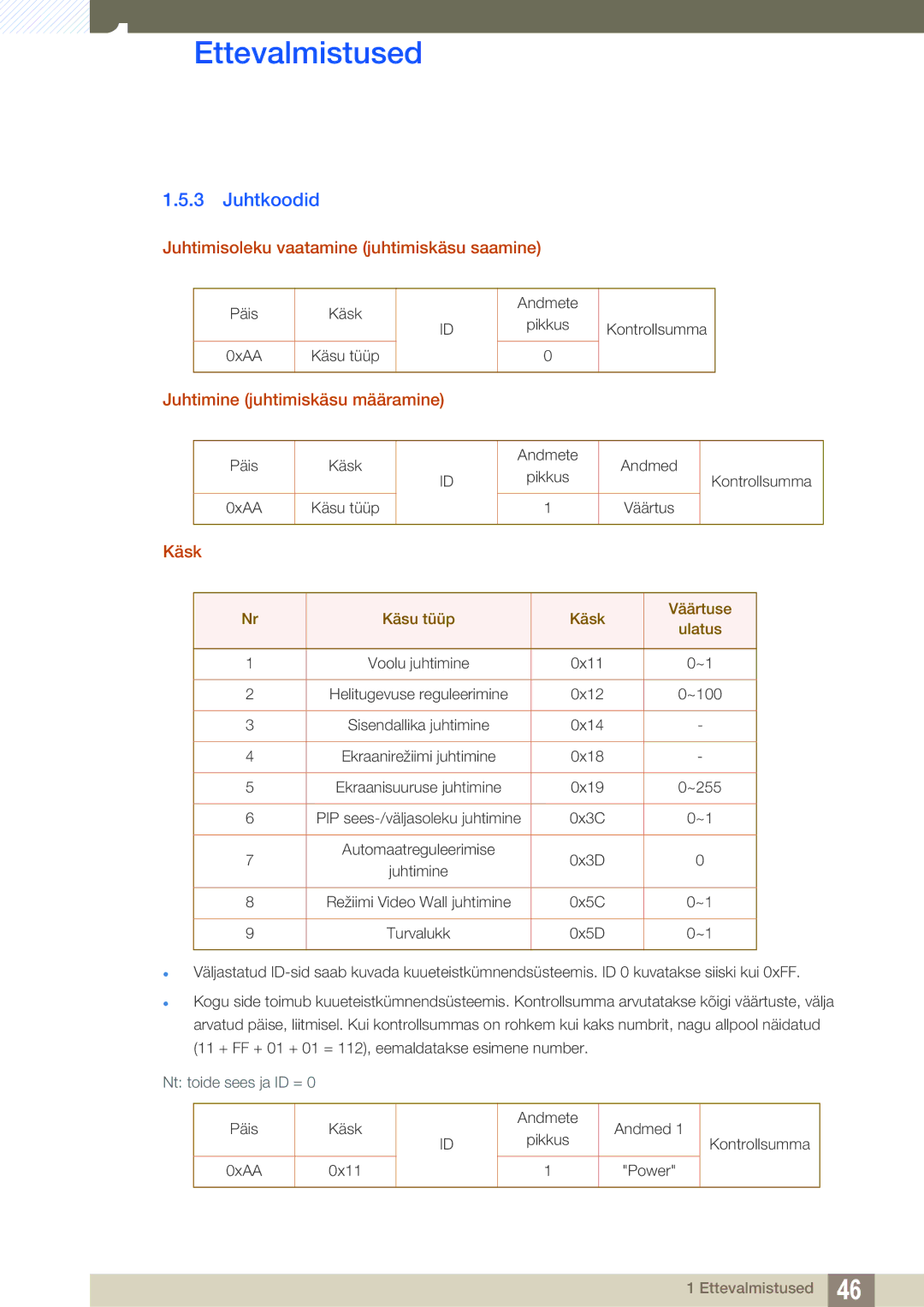 Samsung LH46SLBPLBC/EN Juhtkoodid, Juhtimisoleku vaatamine juhtimiskäsu saamine, Juhtimine juhtimiskäsu määramine, Käsk 