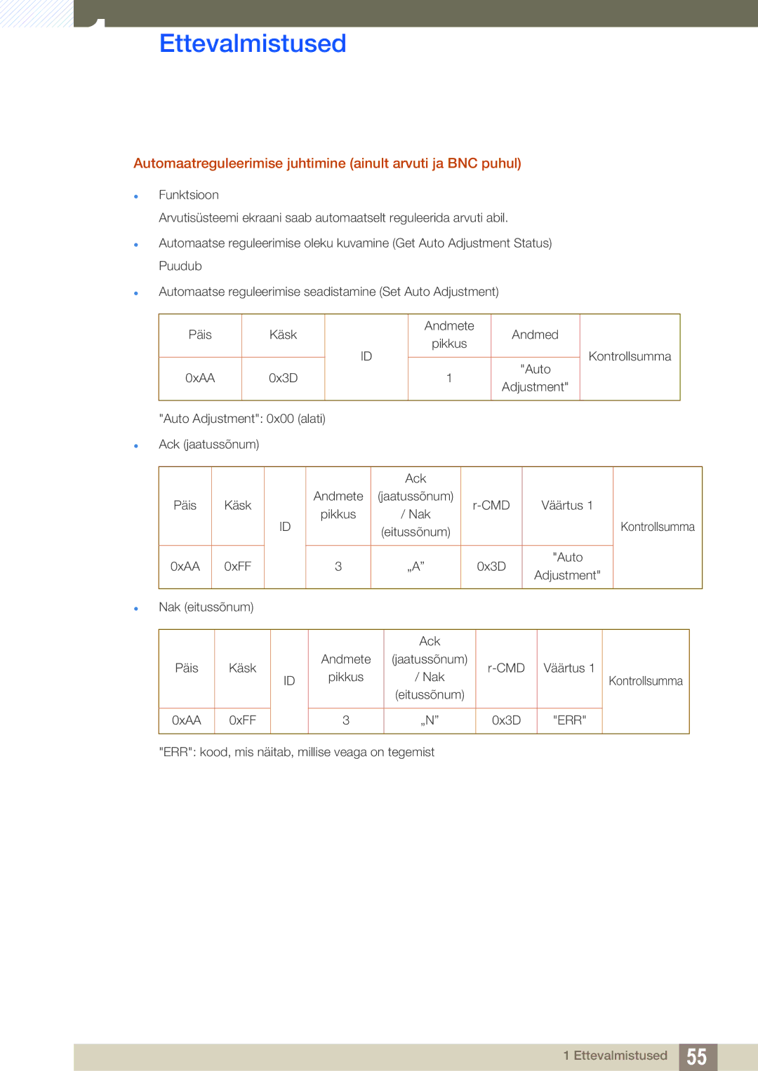 Samsung LH46SLBPLBC/EN manual Automaatreguleerimise juhtimine ainult arvuti ja BNC puhul 