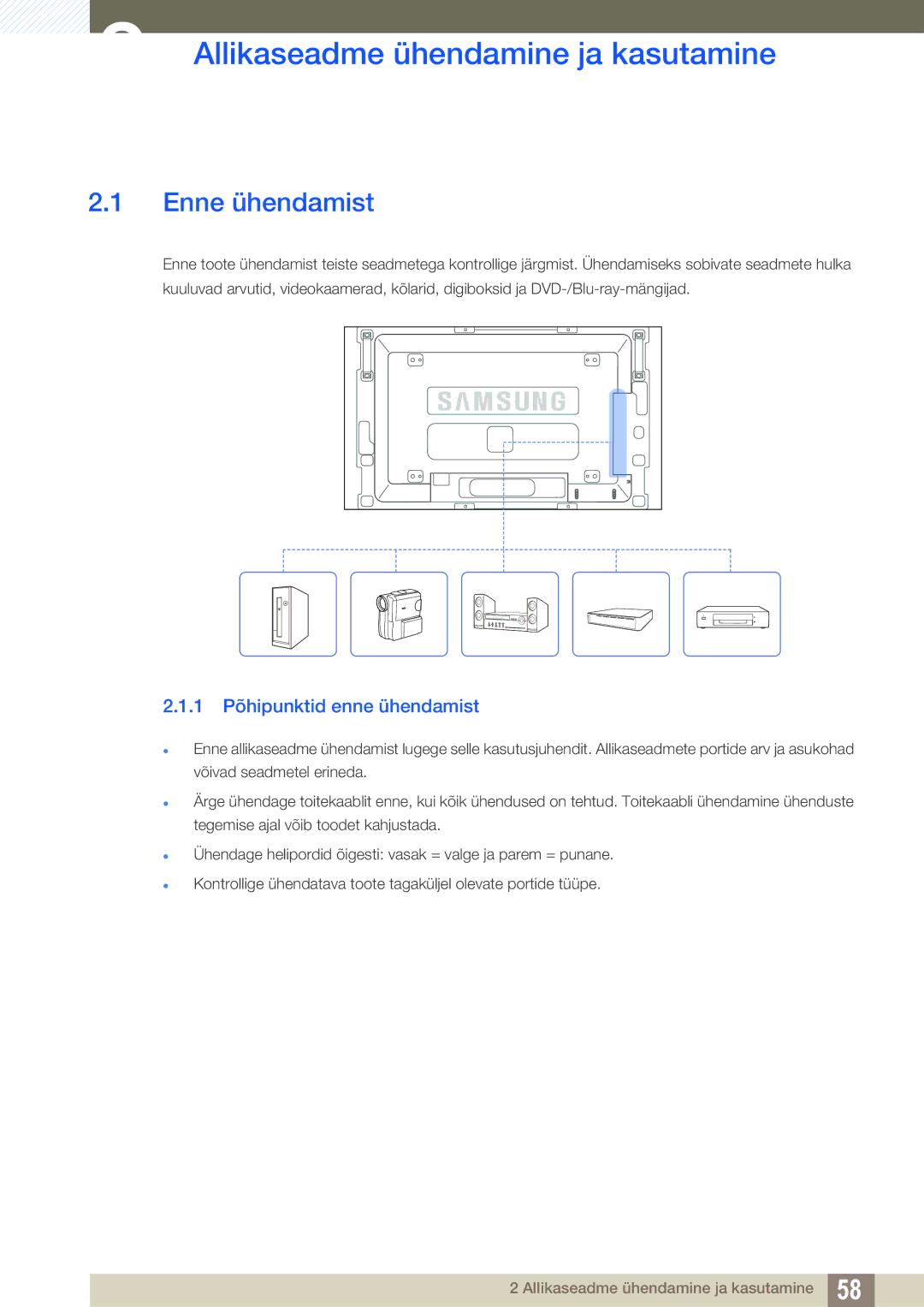 Samsung LH46SLBPLBC/EN manual Allikaseadme ühendamine ja kasutamine, Enne ühendamist, 1 Põhipunktid enne ühendamist 