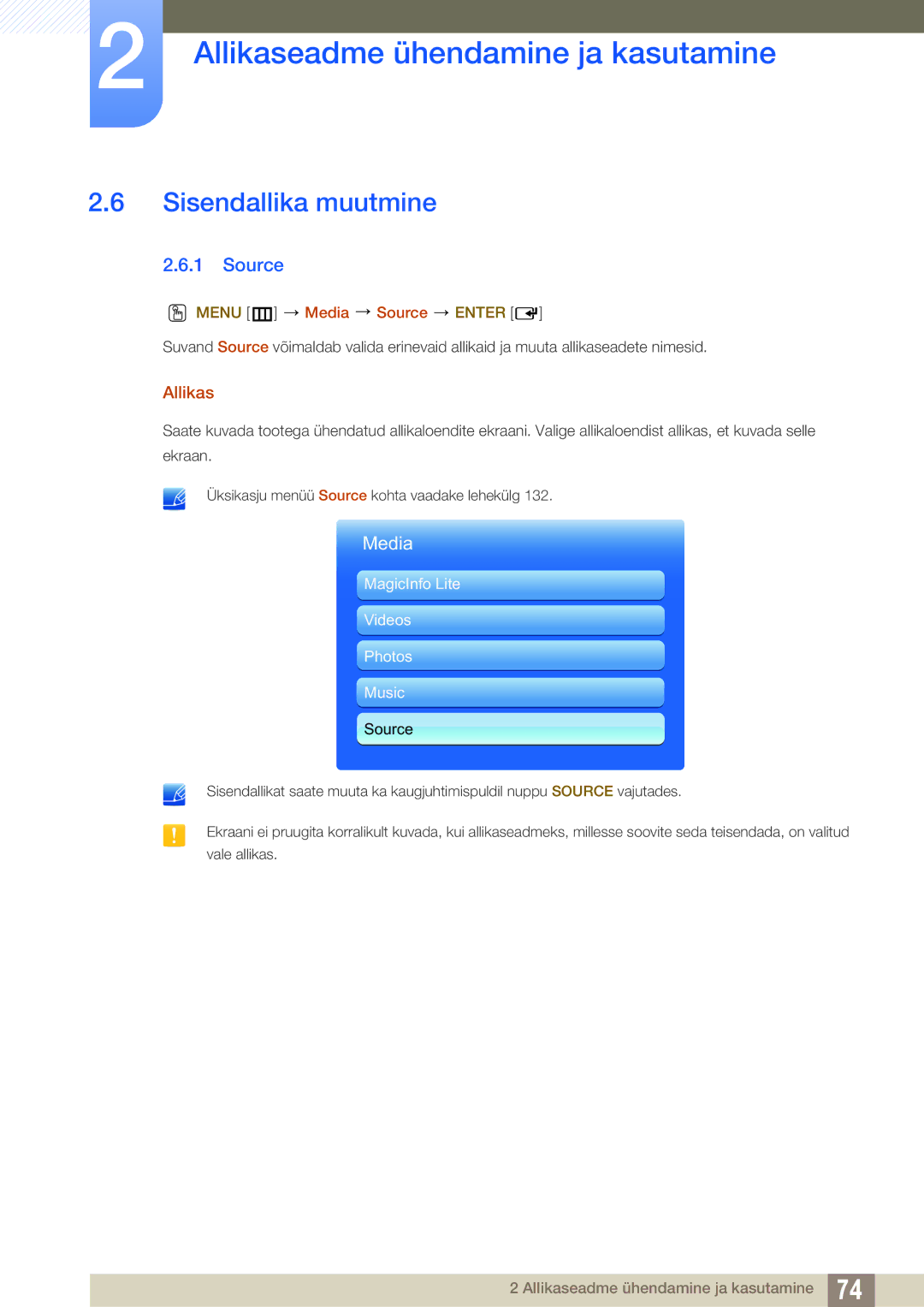 Samsung LH46SLBPLBC/EN manual Sisendallika muutmine, Allikas, Menu m Media Source Enter 